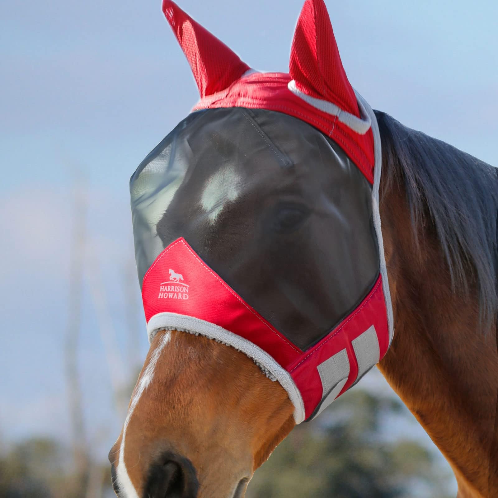 Masque Harrison Howard CareMaster Pro translucide avec filet UV et teinte rouge pour cheval.