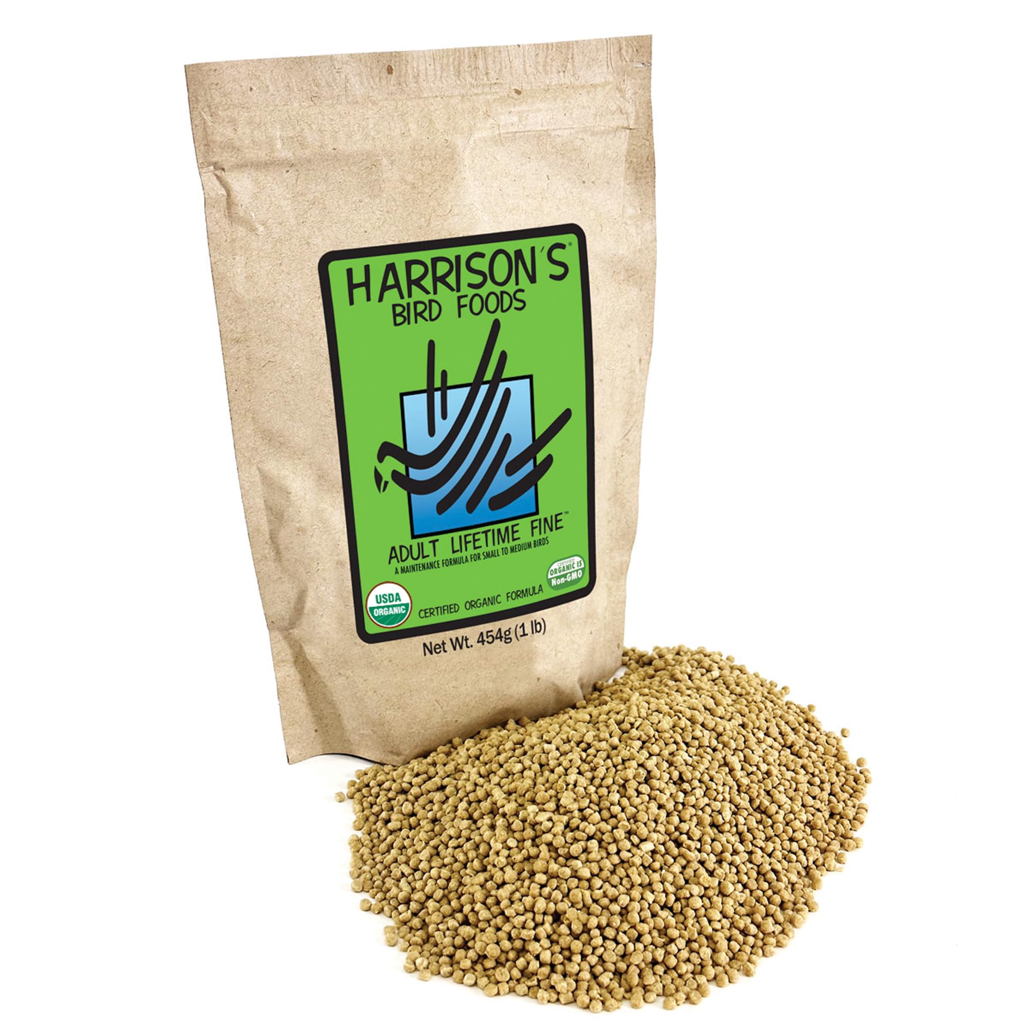 Harrison's Alimentation Adulte Vie Fine – granulés fins pour oiseaux et nutrition équilibrée.