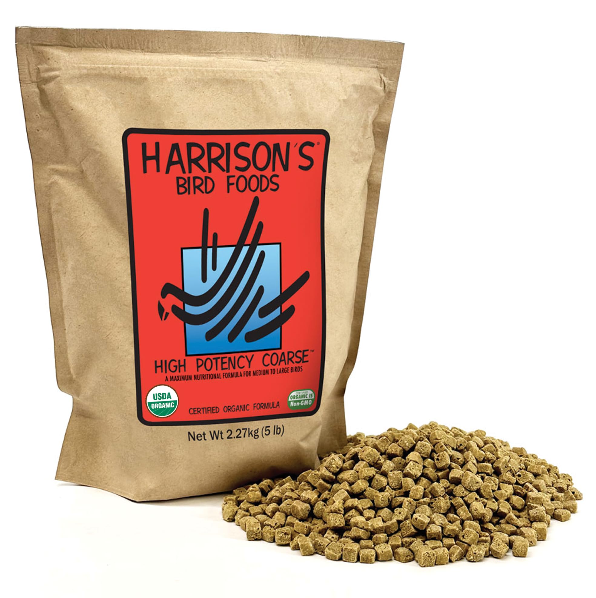 Harrison's Aliments Oiseaux, emballage prêt à l'emploi, facilité et conservation sécurisée.