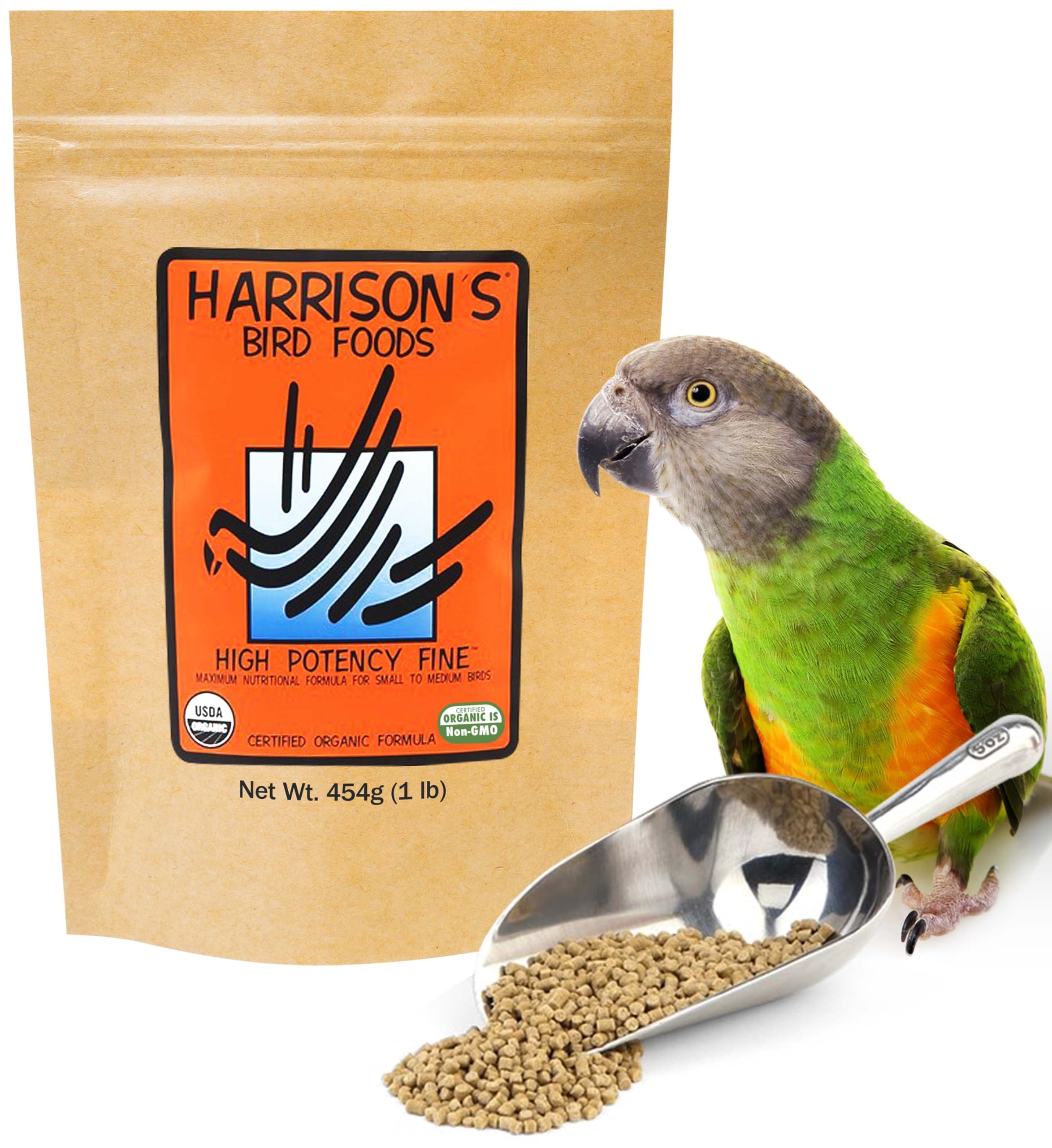 Repas quotidien équilibré avec Harrison's Pellets fins haute puissance pour petits oiseaux.