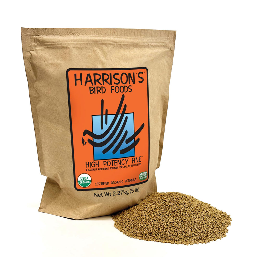 Harrison's Bird Foods montre un bol plein de nutrition pour petits oiseaux.