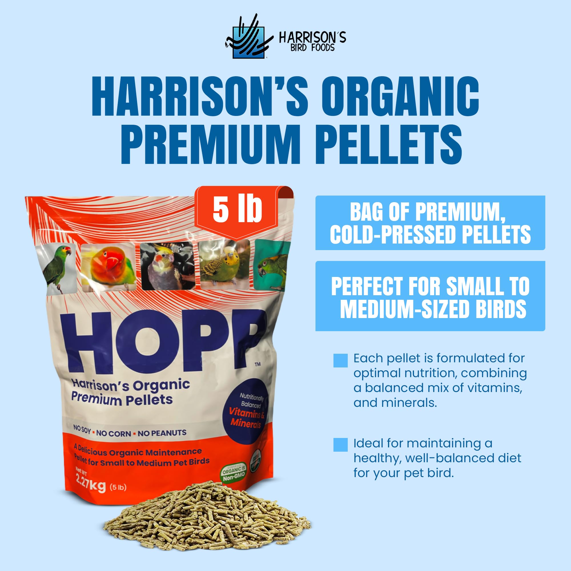 Étiquette organique certifiée sur le paquet Harrison's HOPP – granulés premium.