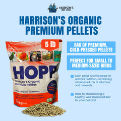 Étiquette organique certifiée sur le paquet Harrison's HOPP – granulés premium.