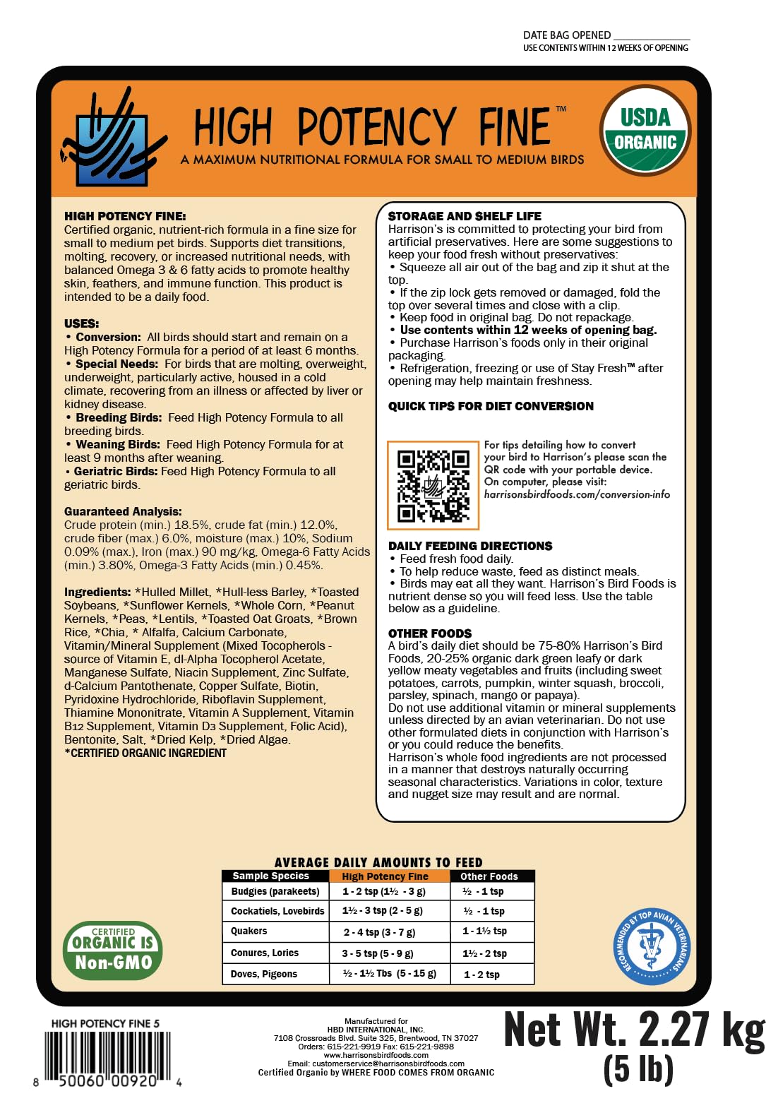 Harrison's Bird Foods affiche des ingrédients biologiques visibles sur l'emballage.