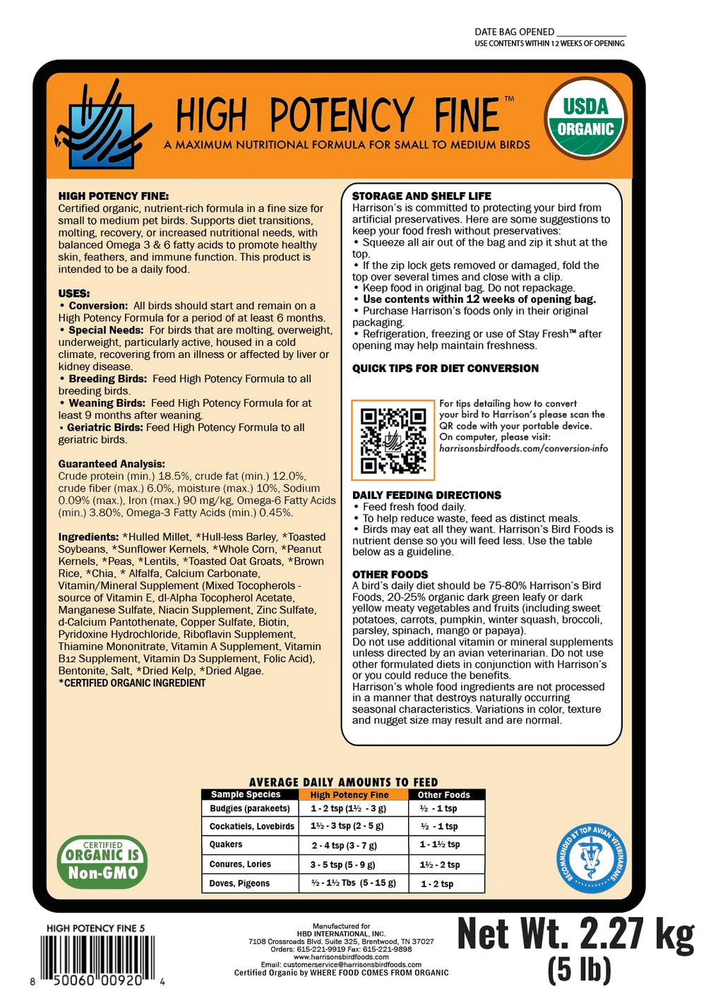 Harrison's Bird Foods affiche des ingrédients biologiques visibles sur l'emballage.