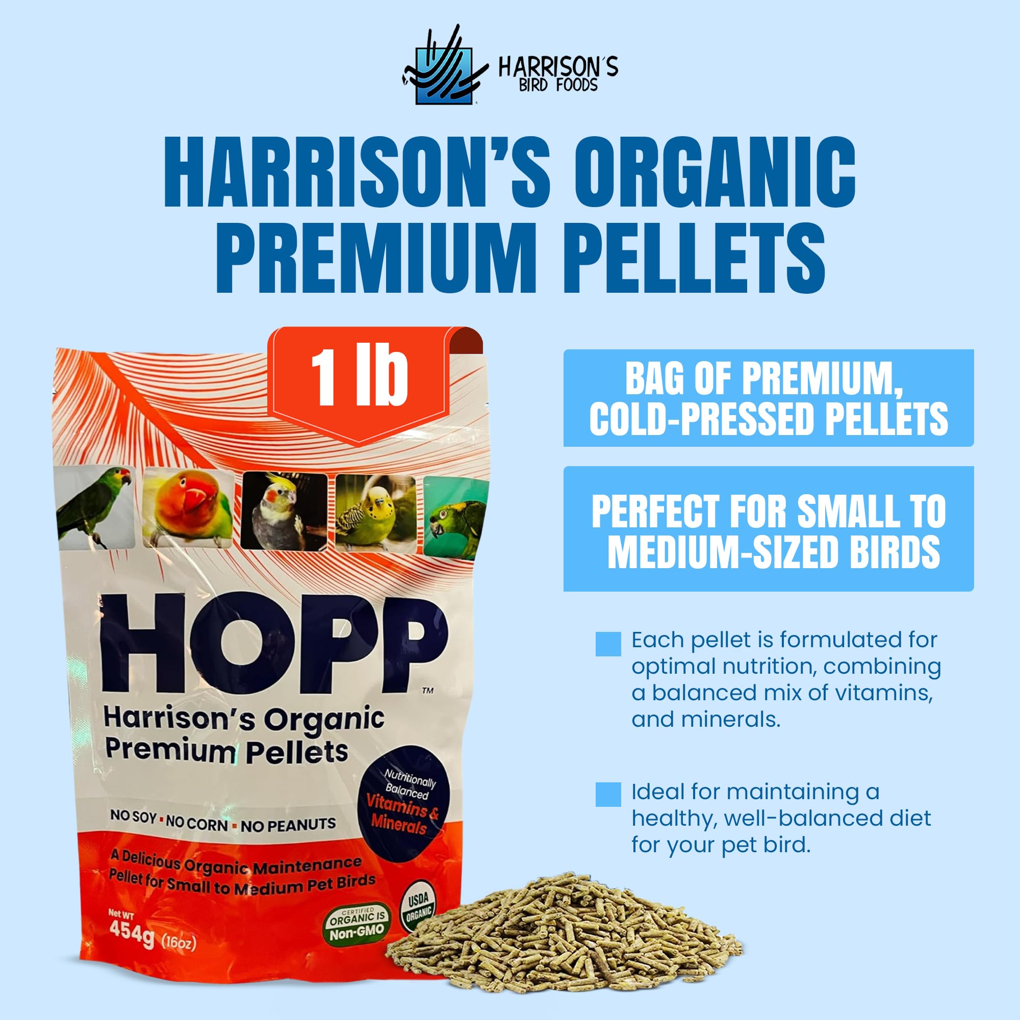 Granulés Harrison's biologiques premium près d'un bol, alimentation quotidienne.
