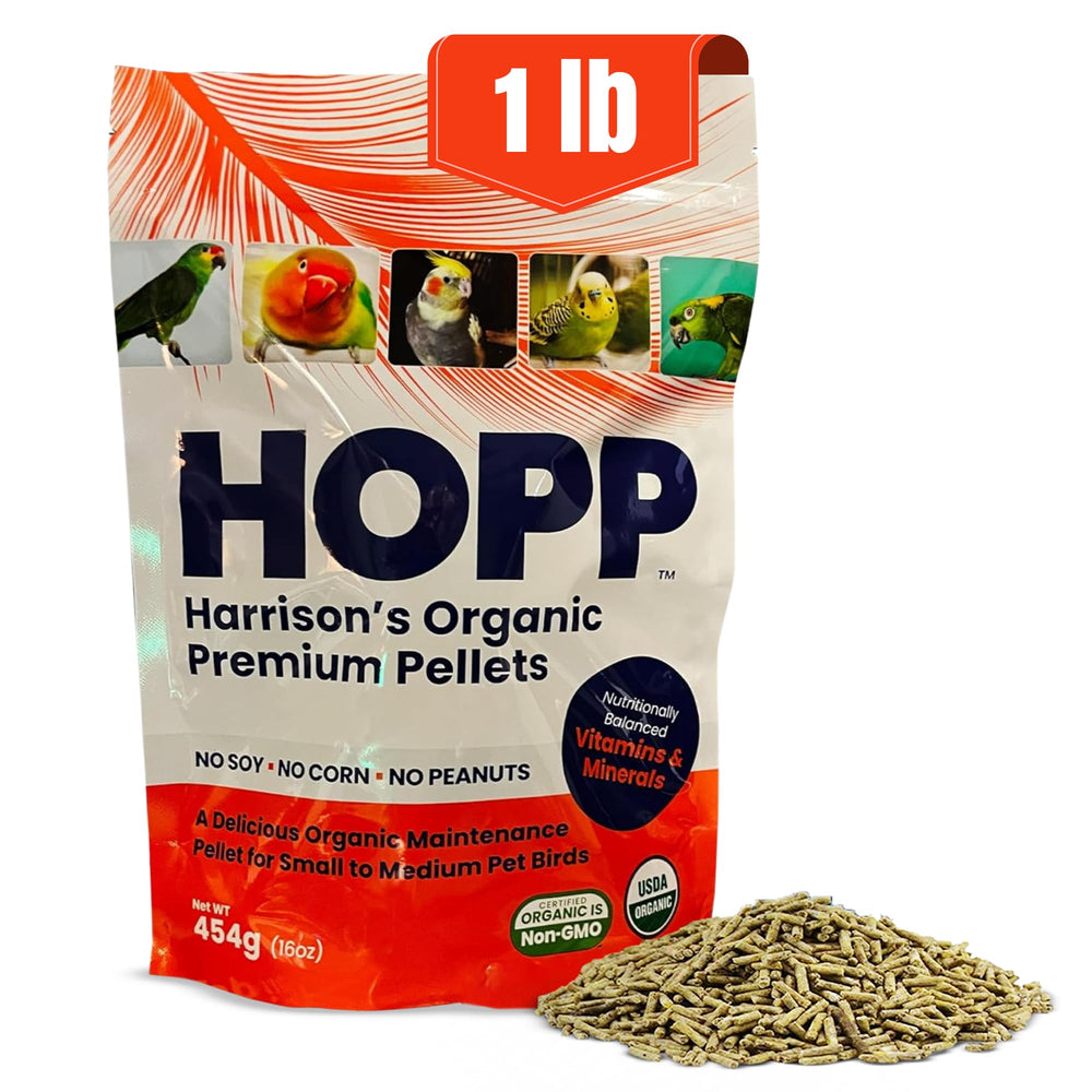 Granulés Harrison's biologiques premium dans un sac de 450 g pour oiseaux.