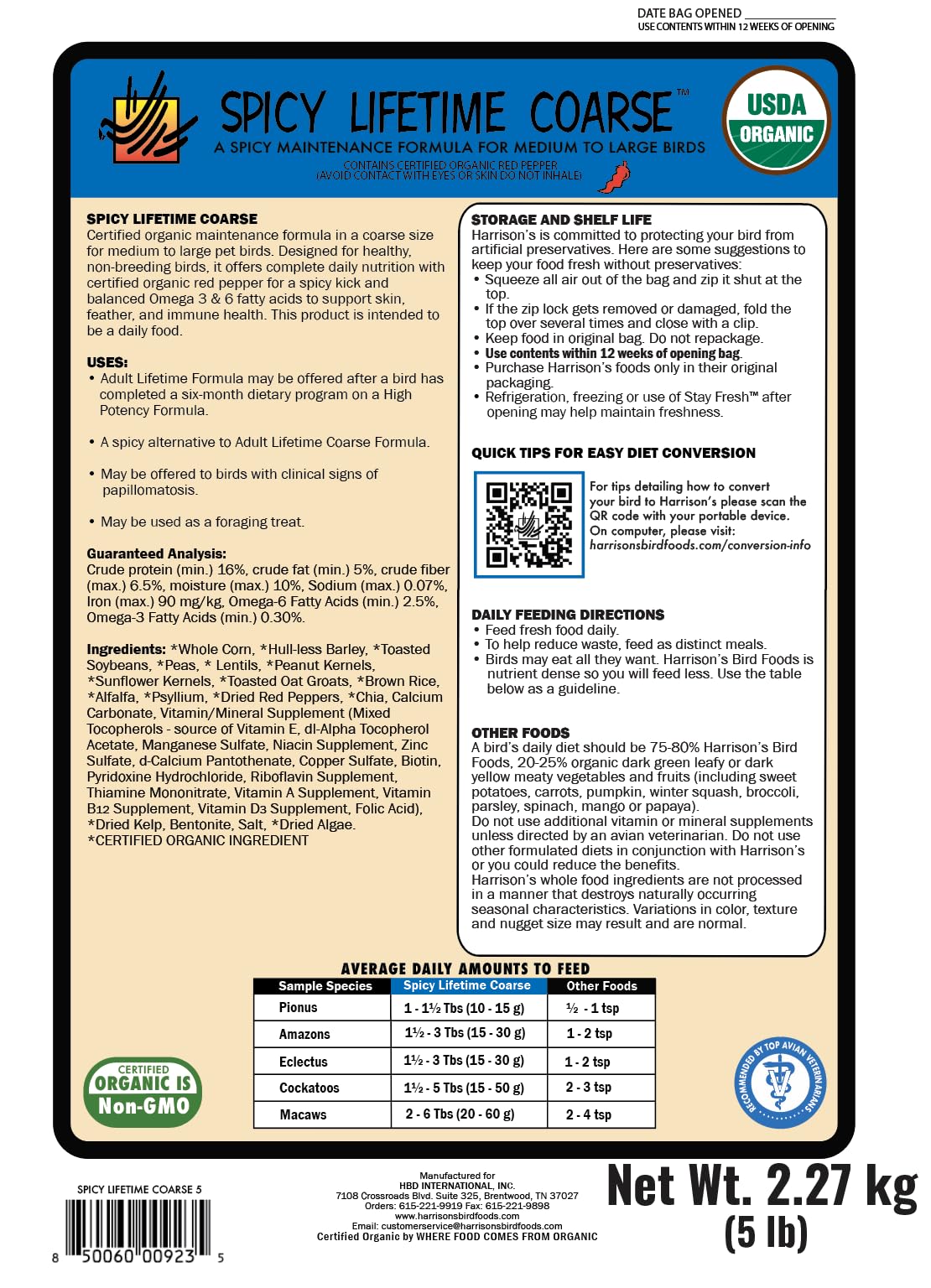 Harrison's Pepper Lifetime Coarse, grains et ingredients bio non-ogm, qualité certifiée.