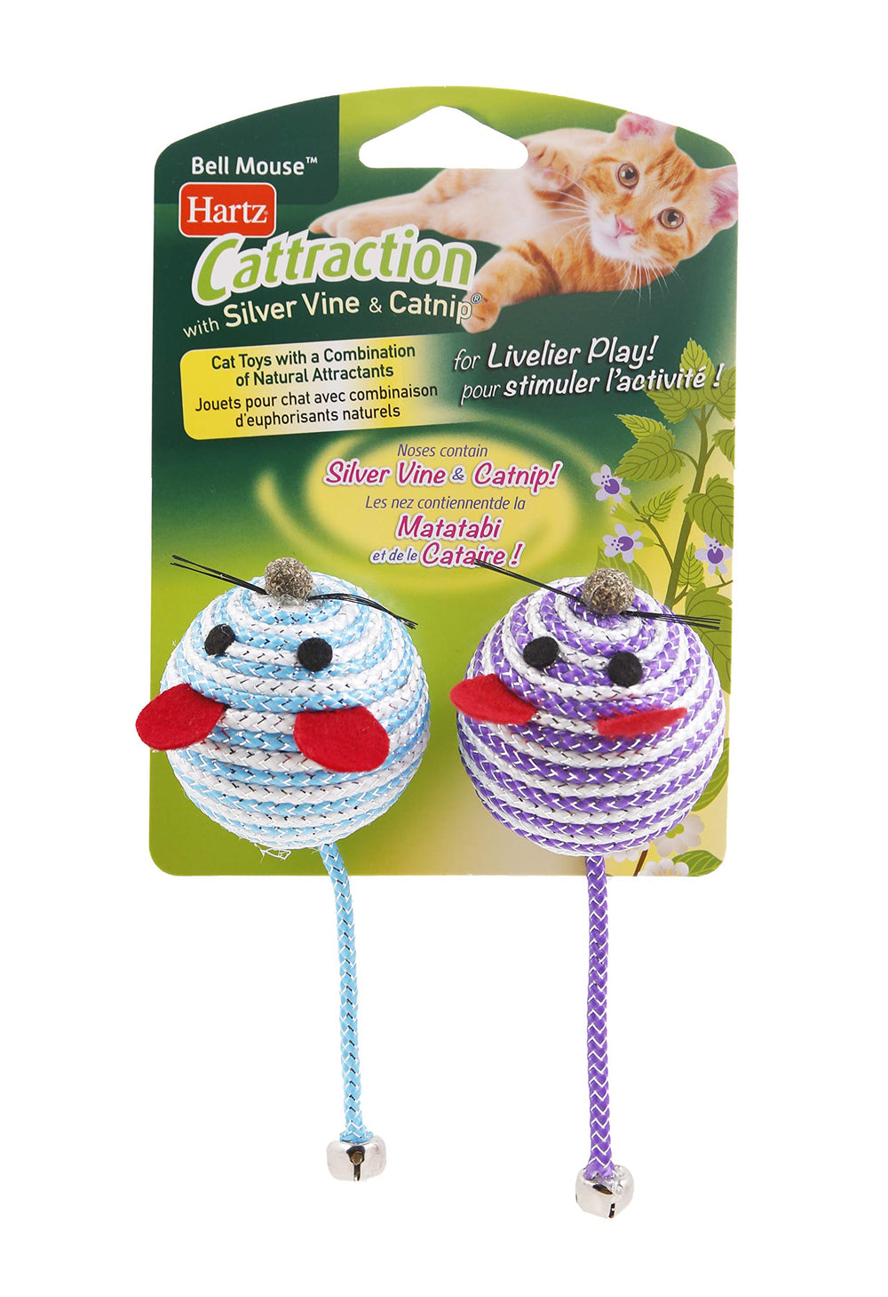 Hartz Cattraction: deux souris en sisal avec cloche pour stimulation ludique.