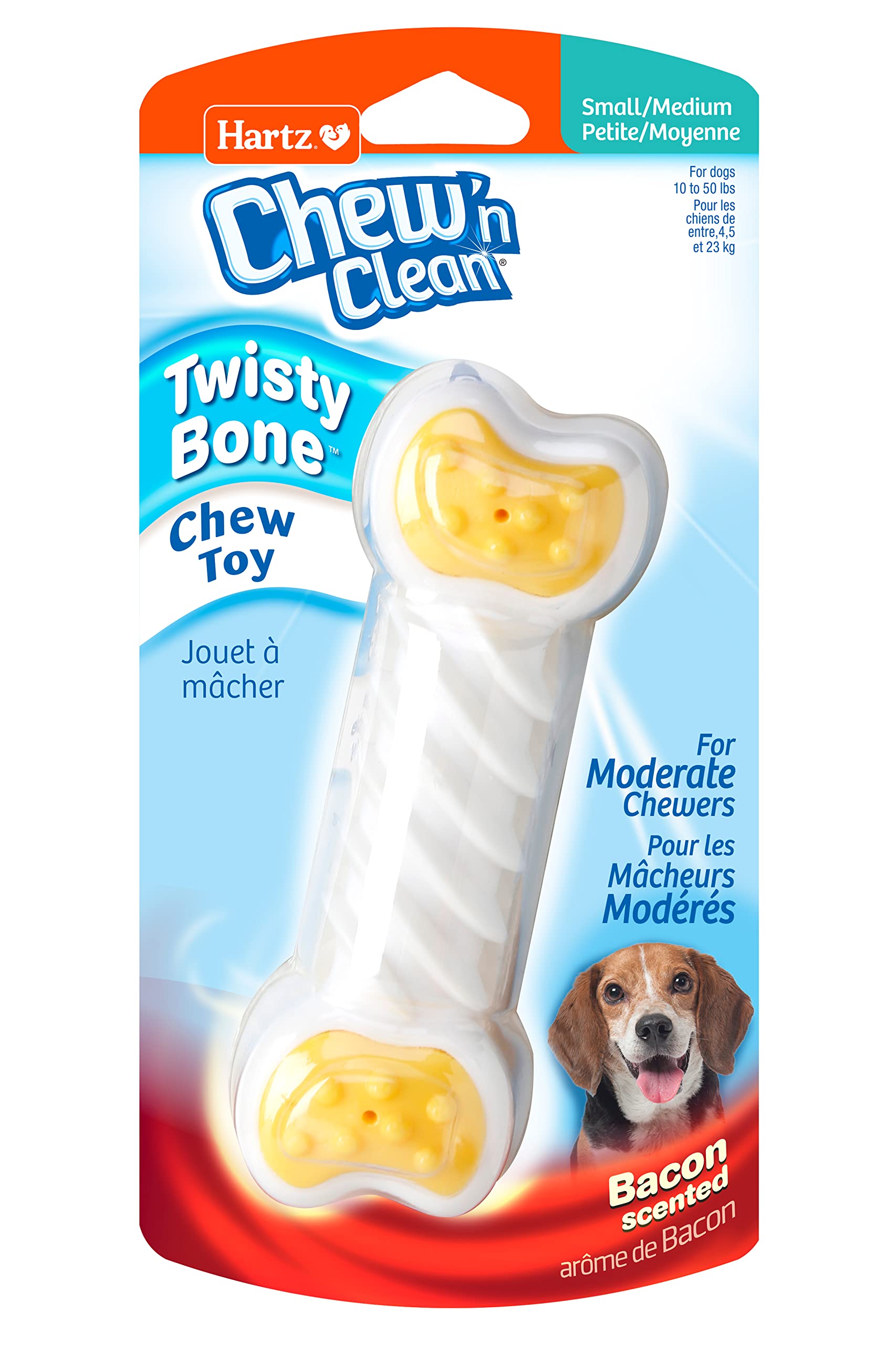 Jouet Hartz Twisty Bone au parfum bacon pour chiens, stimulation de la mastication.