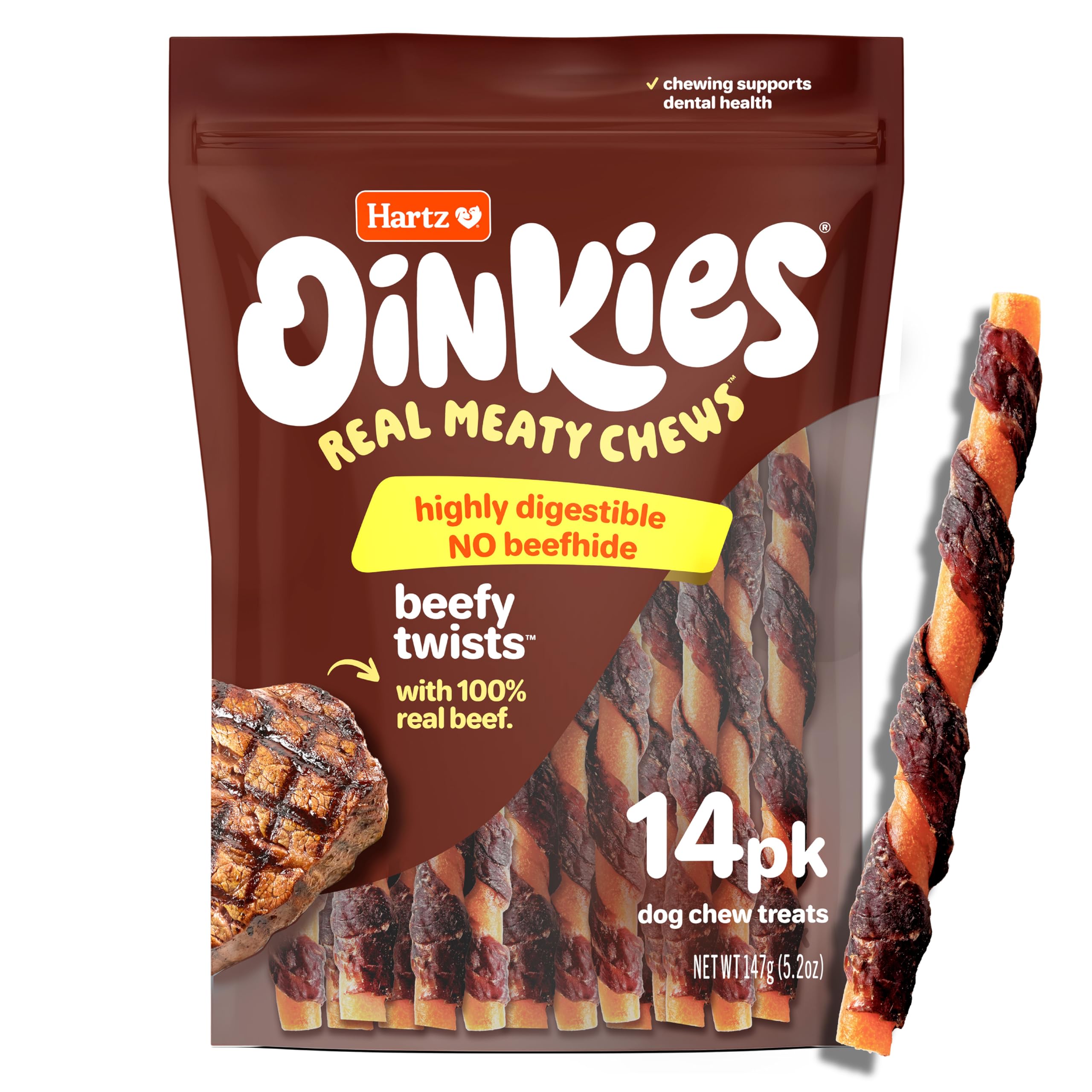 Hartz Oinkies Beefy Twists emballage attrayant pour rangement pratique.