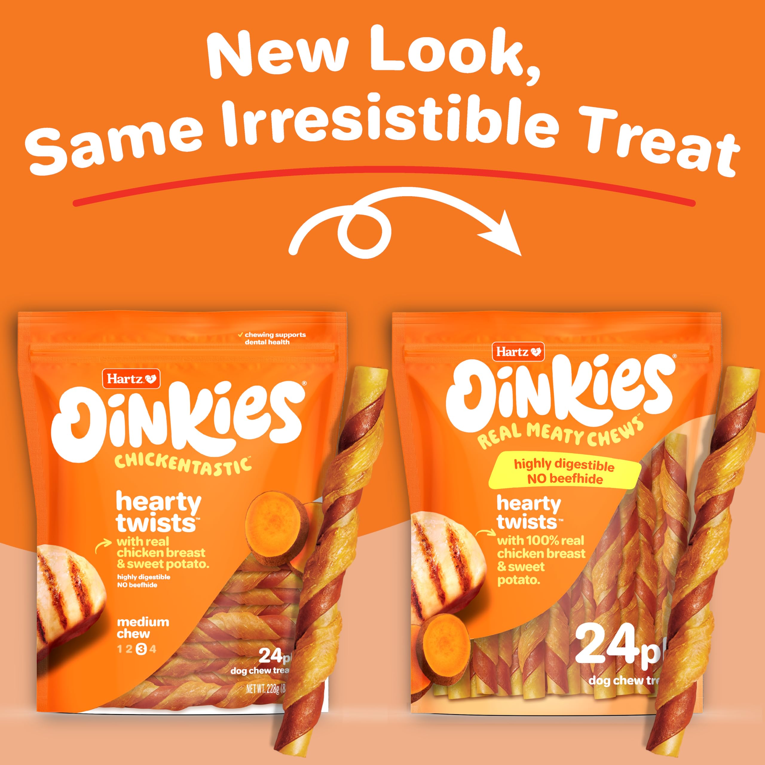 Tranches de poulet réelles sur Hartz Oinkies Hearty Twists, texture appréciée.