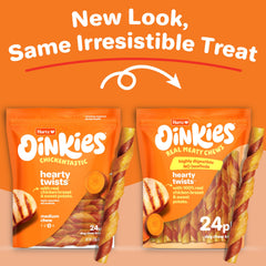 Tranches de poulet réelles sur Hartz Oinkies Hearty Twists, texture appréciée.