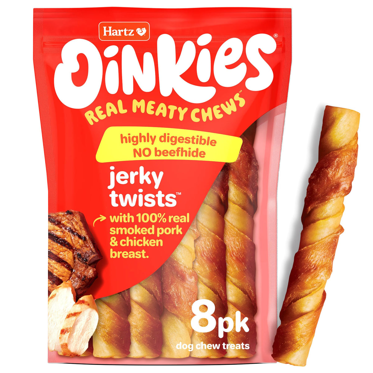 Hartz Oinkies Jerky Twists: peau-de-porc-fumee, friandise savoureuse et digestible pour chien.