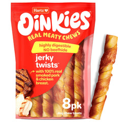 Hartz Oinkies Jerky Twists: peau-de-porc-fumee, friandise savoureuse et digestible pour chien.