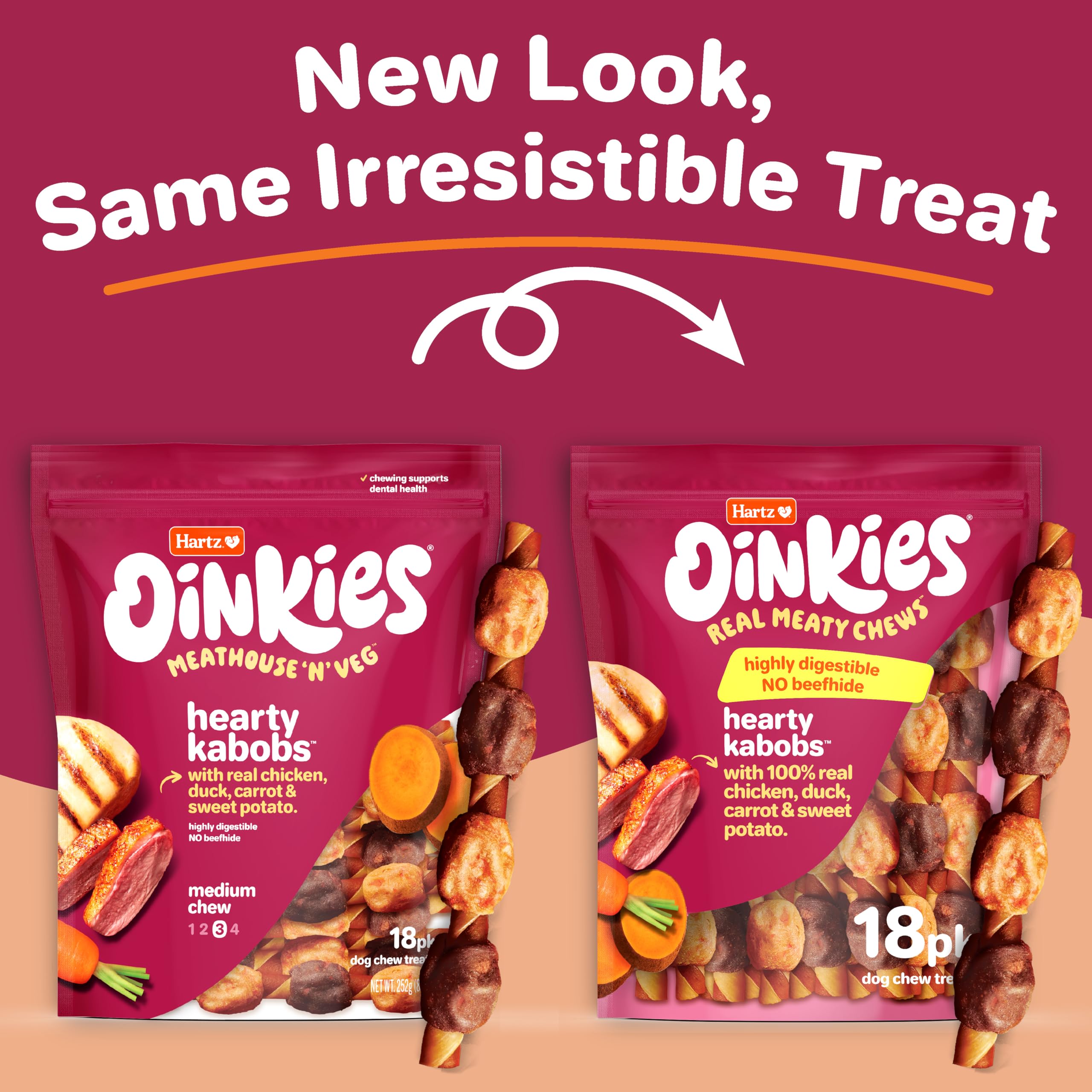 Morceaux poulet reel visibles sur Hartz Oinkies Kabobs.