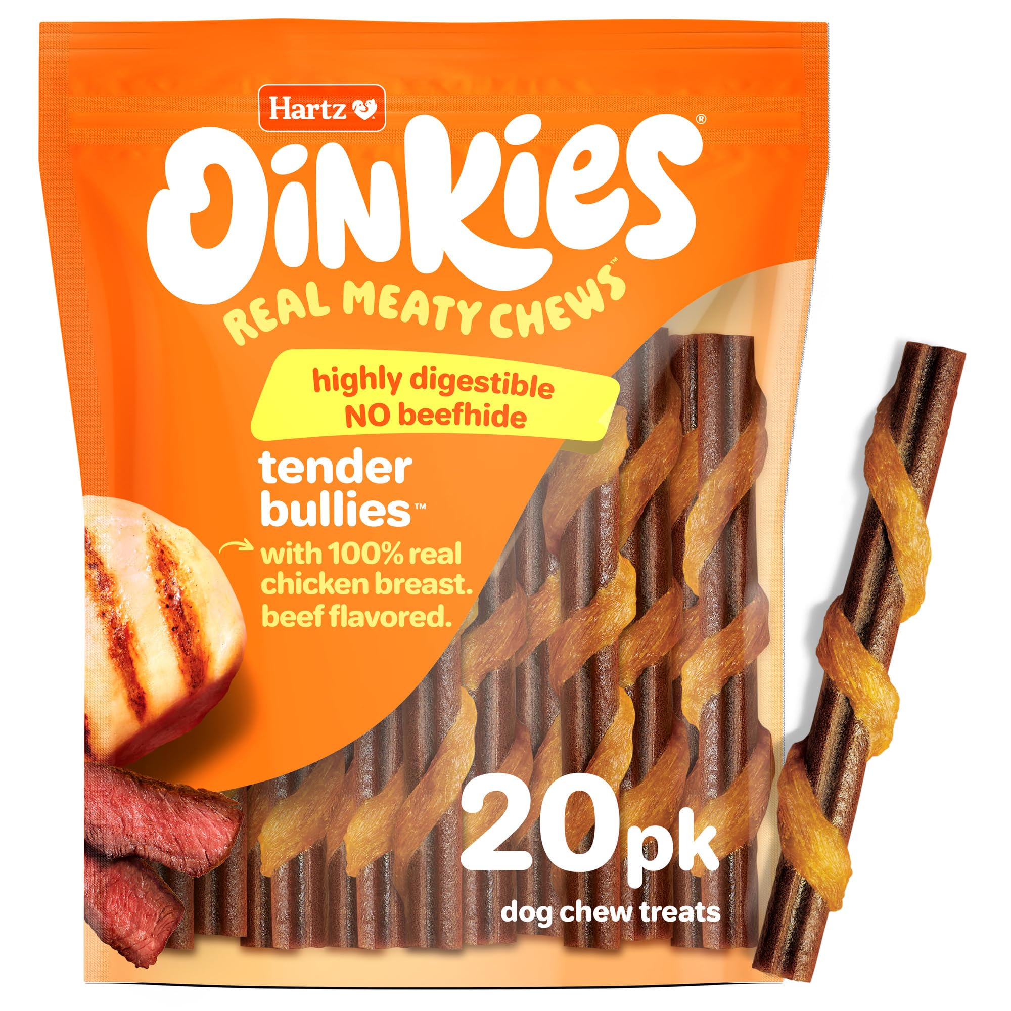 Hartz Oinkies Tender Bullies – cœur boeuf enrobé poulet, récompense savoureuse et digestible.