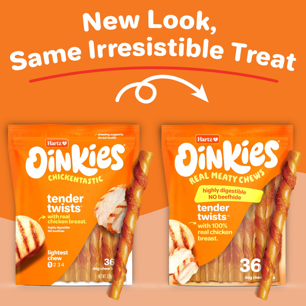 Oinkies Tender Twists avec poitrine de poulet réelle, friandise savoureuse et digeste.