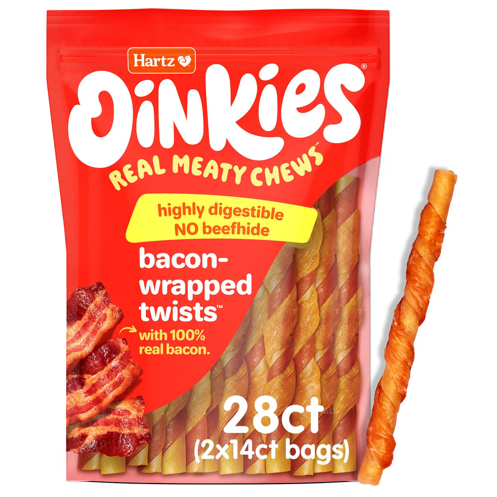 Oinkies Hartz: torsades enveloppées au bacon, friandise savoureuse pour chiens actifs.