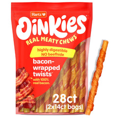 Oinkies Hartz: torsades enveloppées au bacon, friandise savoureuse pour chiens actifs.