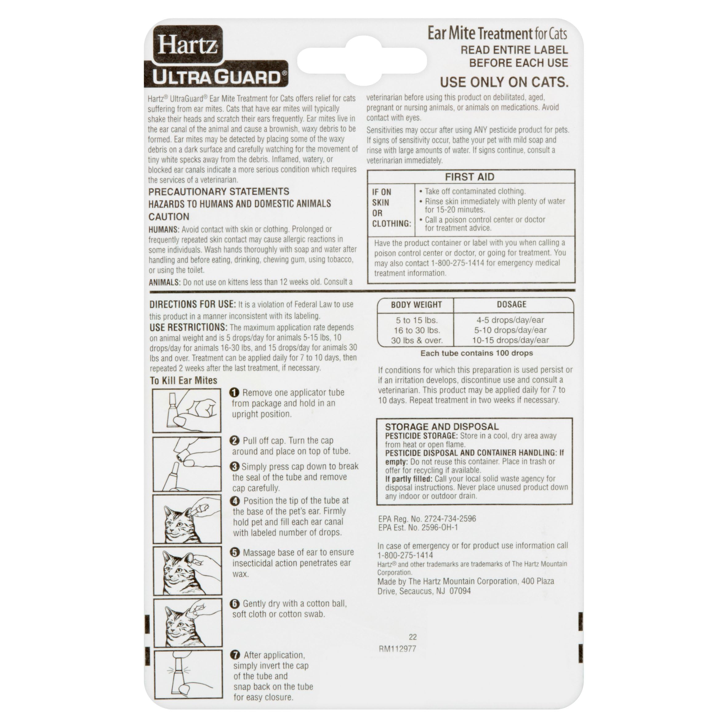 Hartz soin oreilles chat - flacon doseur et utilisation domestique.