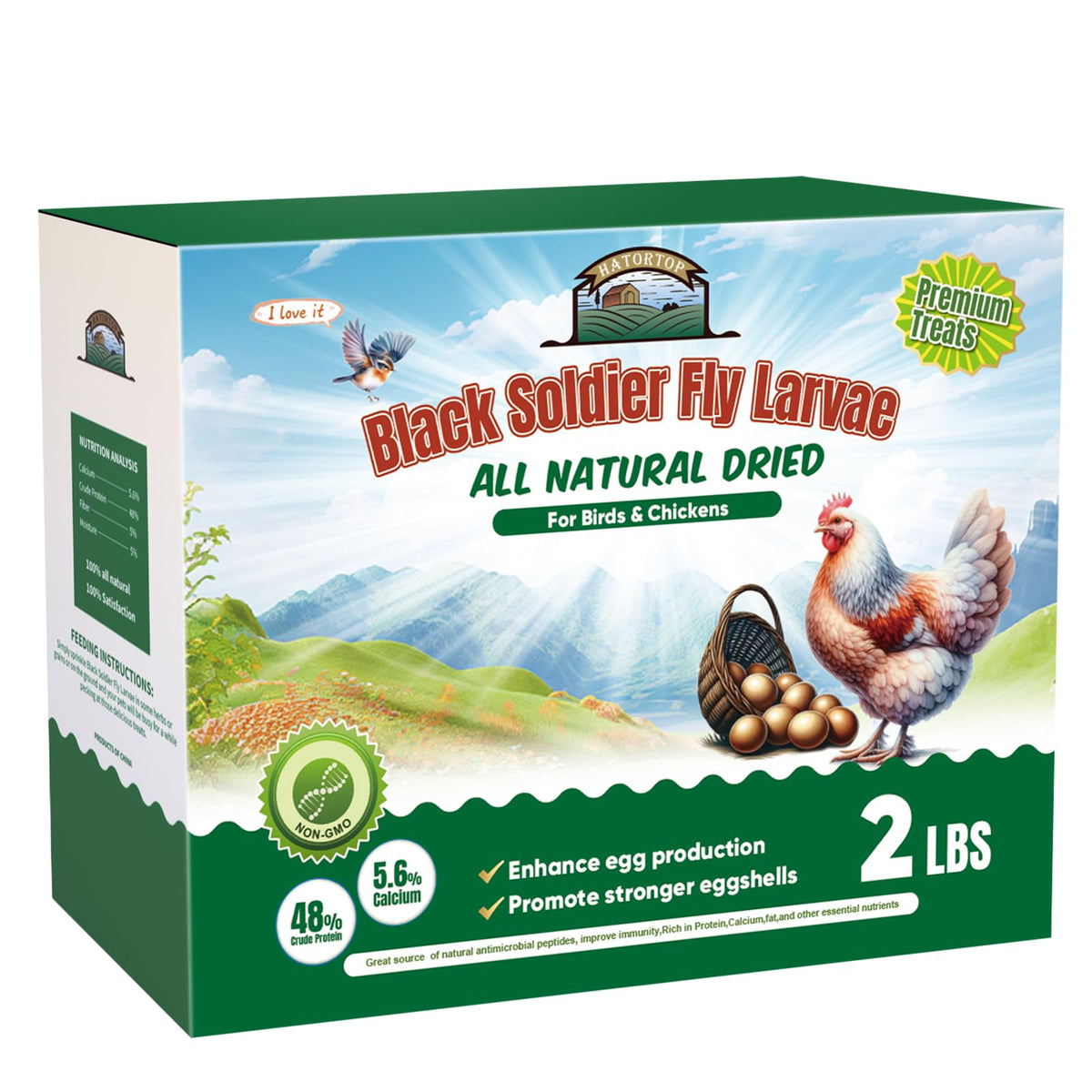 HATORTOP larves mouche soldat noire pour poulets, emballage 2 lb avec calcium naturel élevé.
