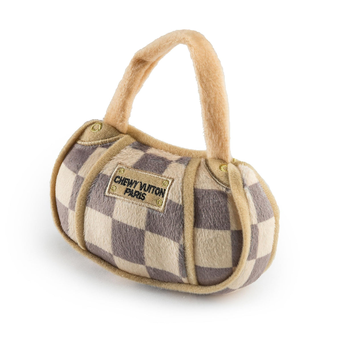 Haute Diggity Dog sac checker-chewy-vuiton en peluche, parfait pour rapporter le jouet et câliner.