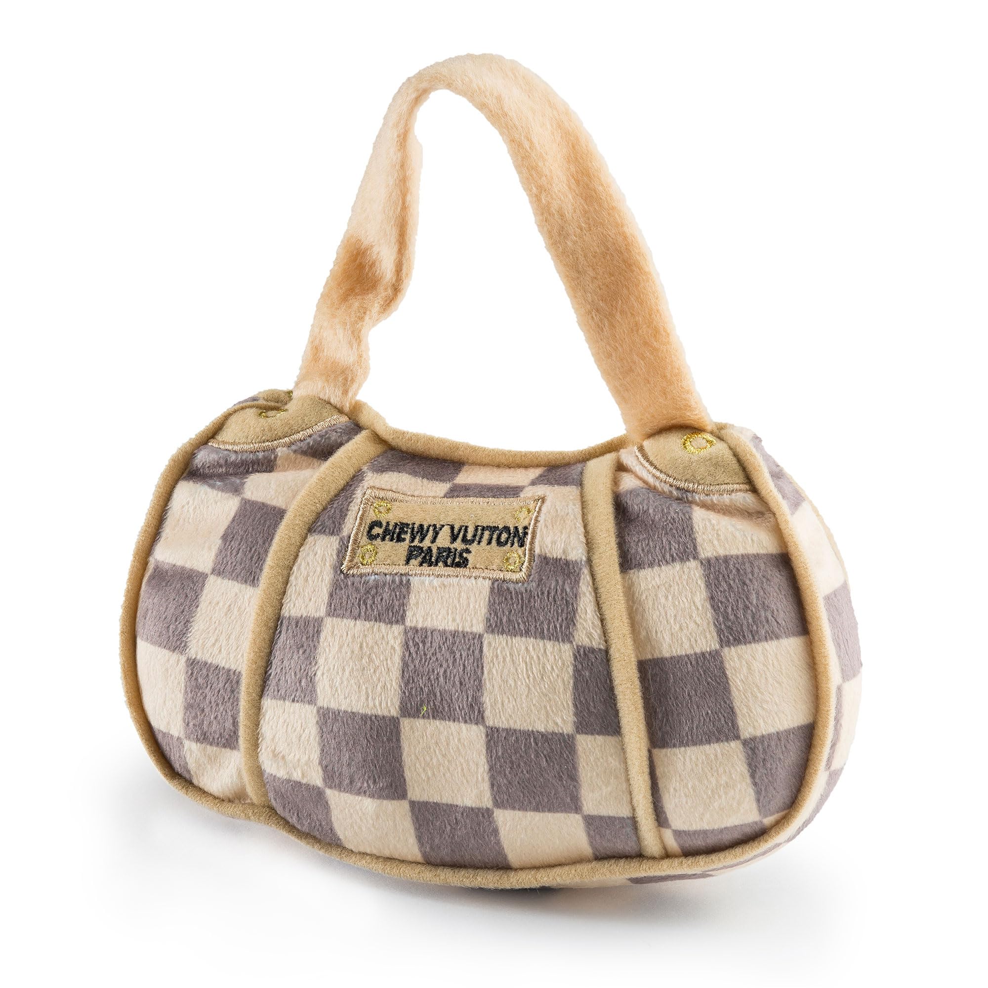 Haute Diggity Dog Checker Chewy Vuiton sac à main taupe – jouet interactif durable pour chiens.