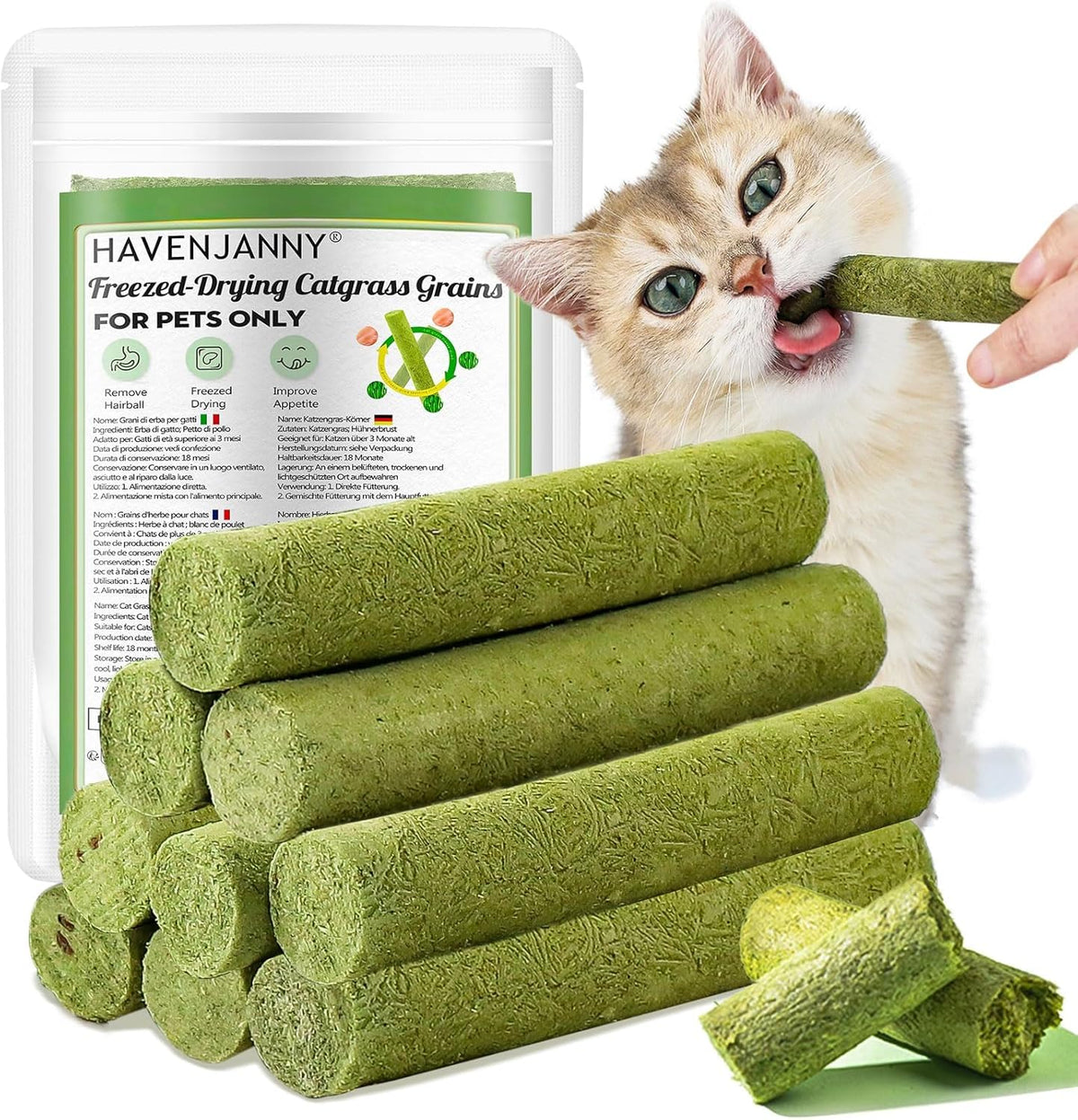 HavenJanny Stick dentition chat herbe: texture croquante et mastication facilitée.