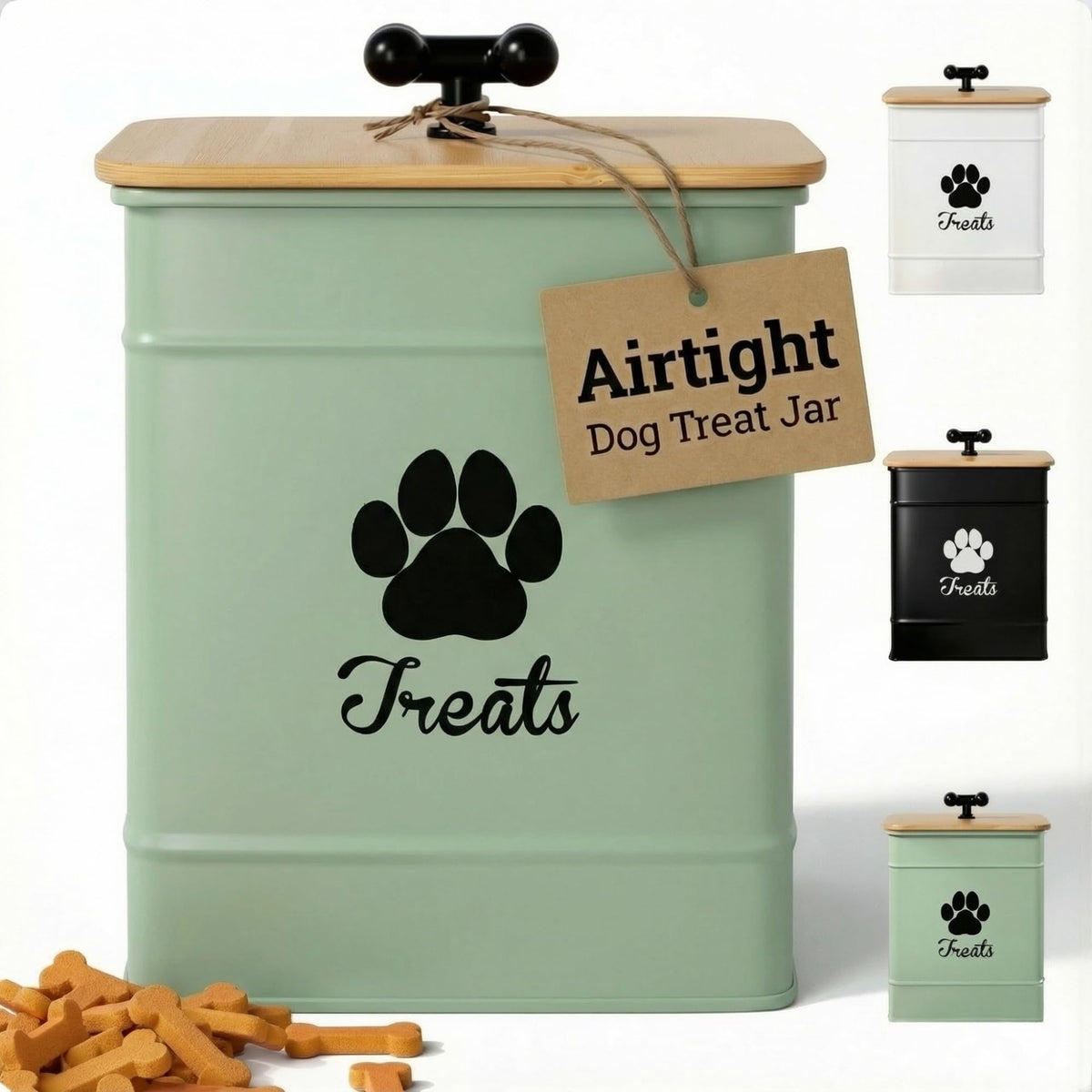 HB Design Co Contenant friandises chien en fer hermétique sur comptoir préserve fraîcheur.