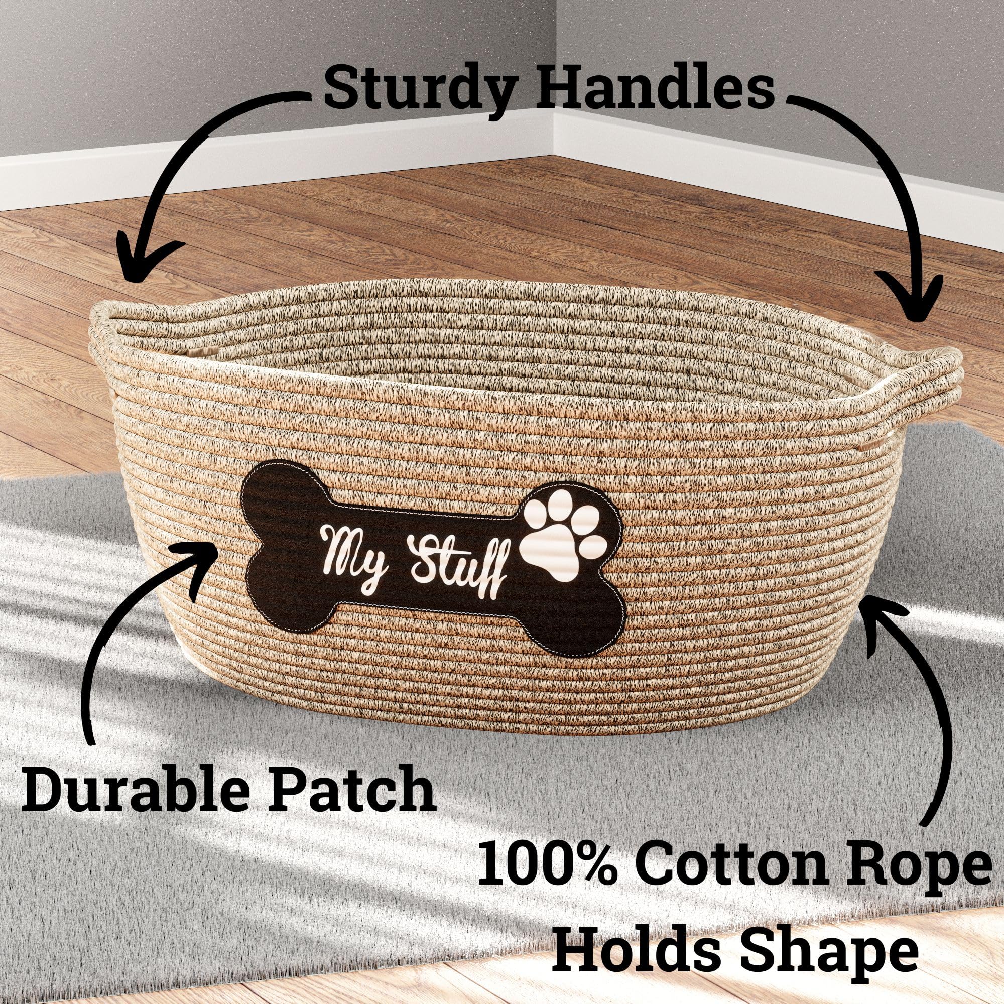 Panier-jouets-chien-corde-coton, poignées renforcées facilitant le déplacement.