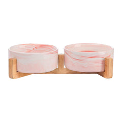 Bols HCHLQLZ en céramique marbre rose sur socle bois, ensemble pratique pour chats et petits chiens.