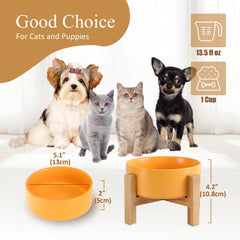 Support bois bambou pour bol chat jaune, anti-glisse et stable.