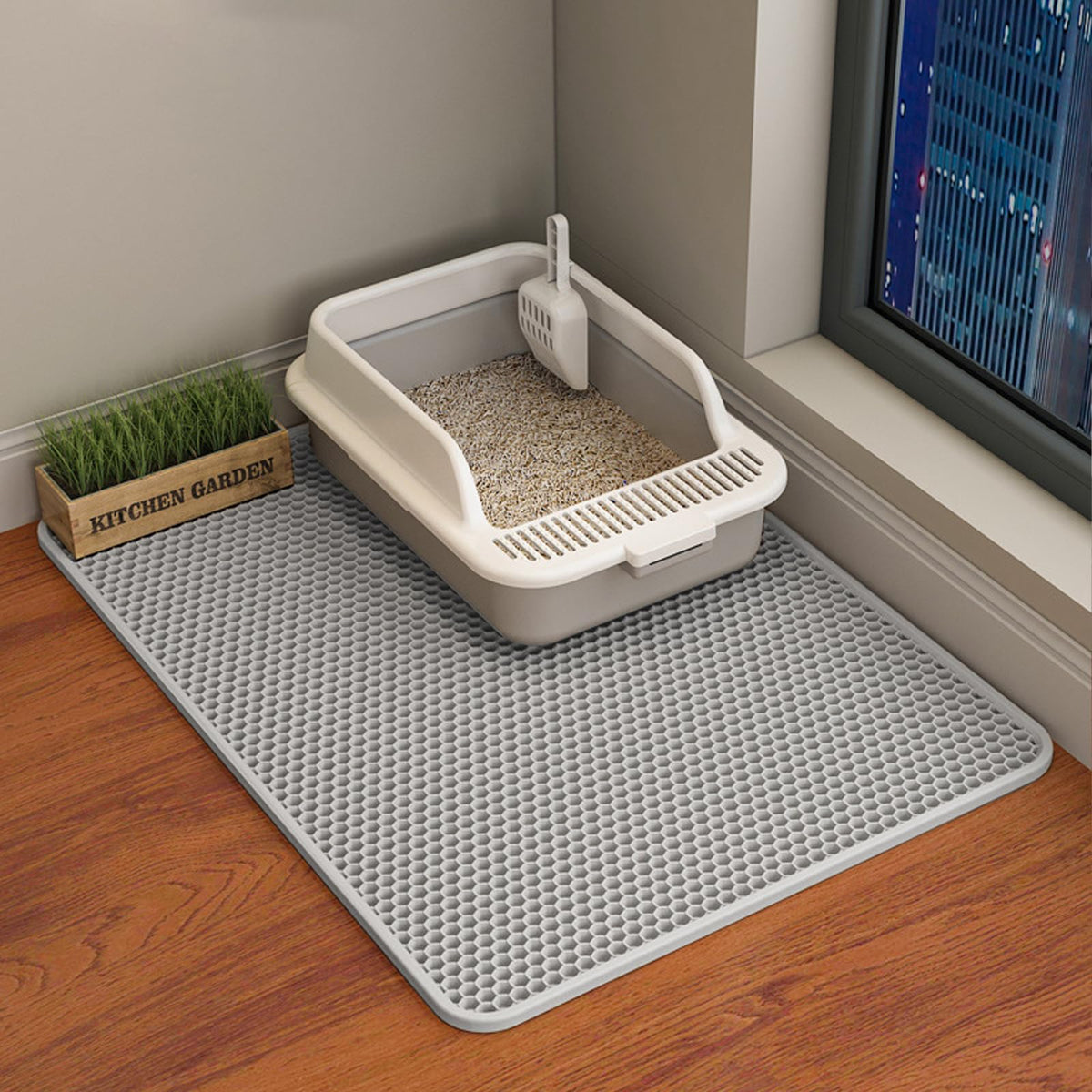 HCY&WLD tapis litiere chat double couche 45x26 gris – capture les grains et protege le sol.