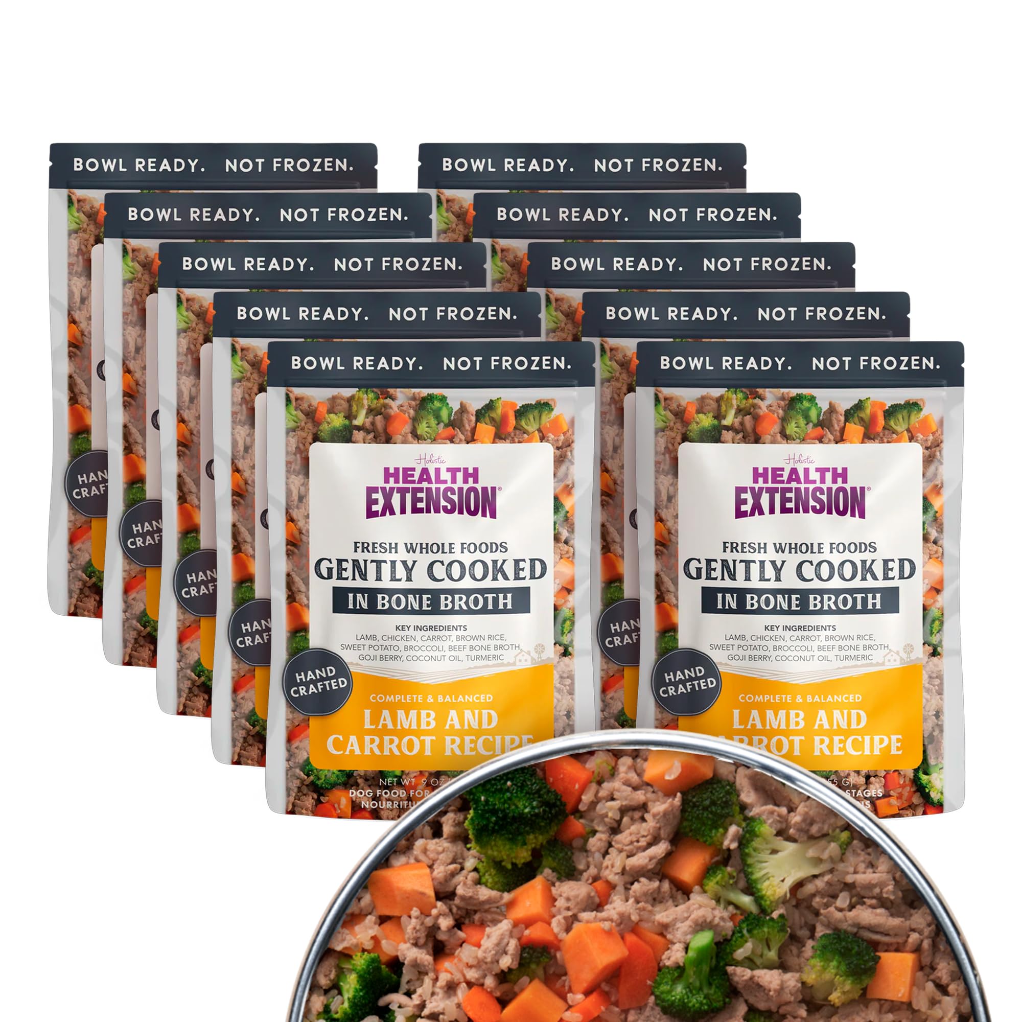 Health Extension emballage montrant agneau et carotte, repas pratique prêt à servir.