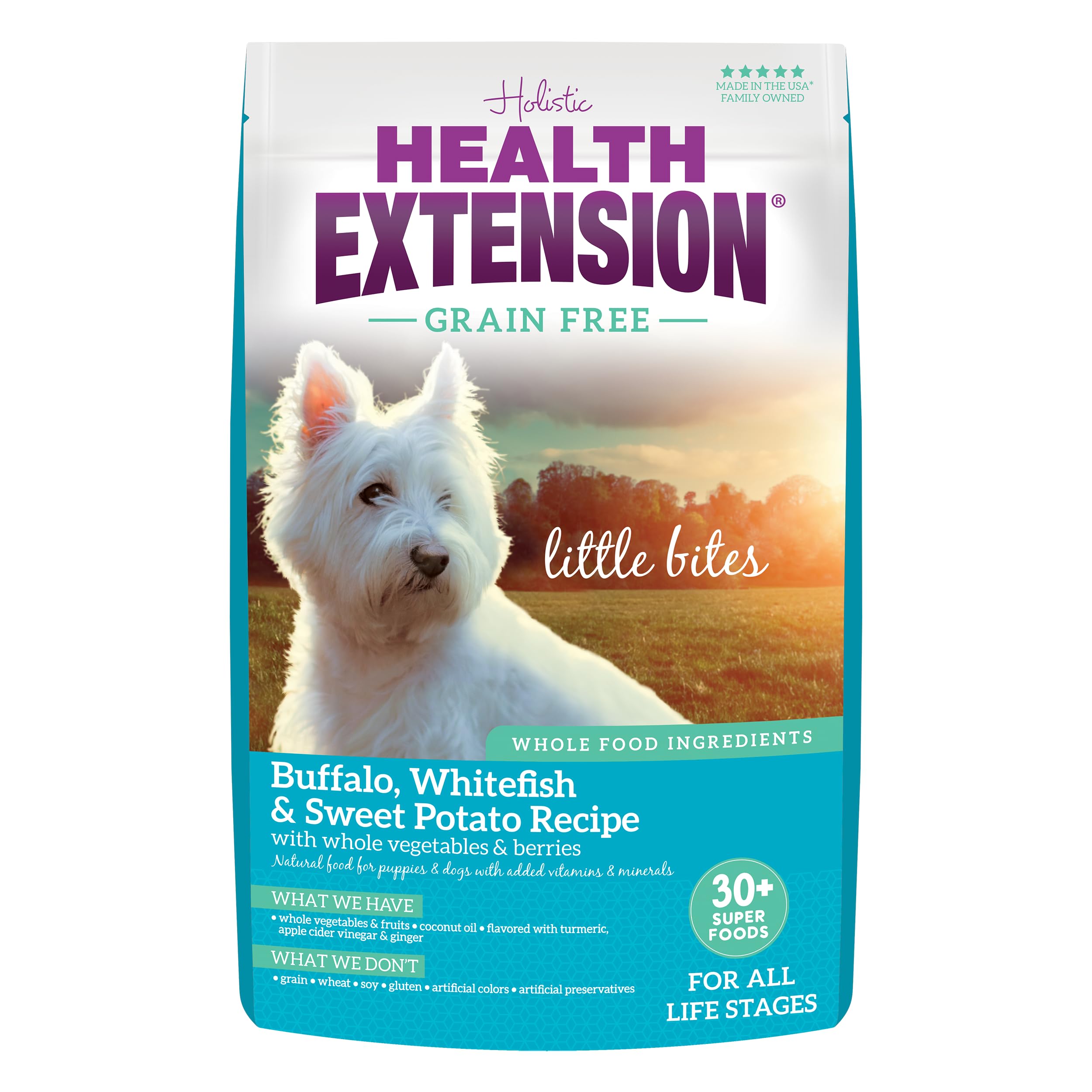 Health Extension Petites bouchées Buffalo & Whitefish; croquettes miniatures pour petites races et chiots.