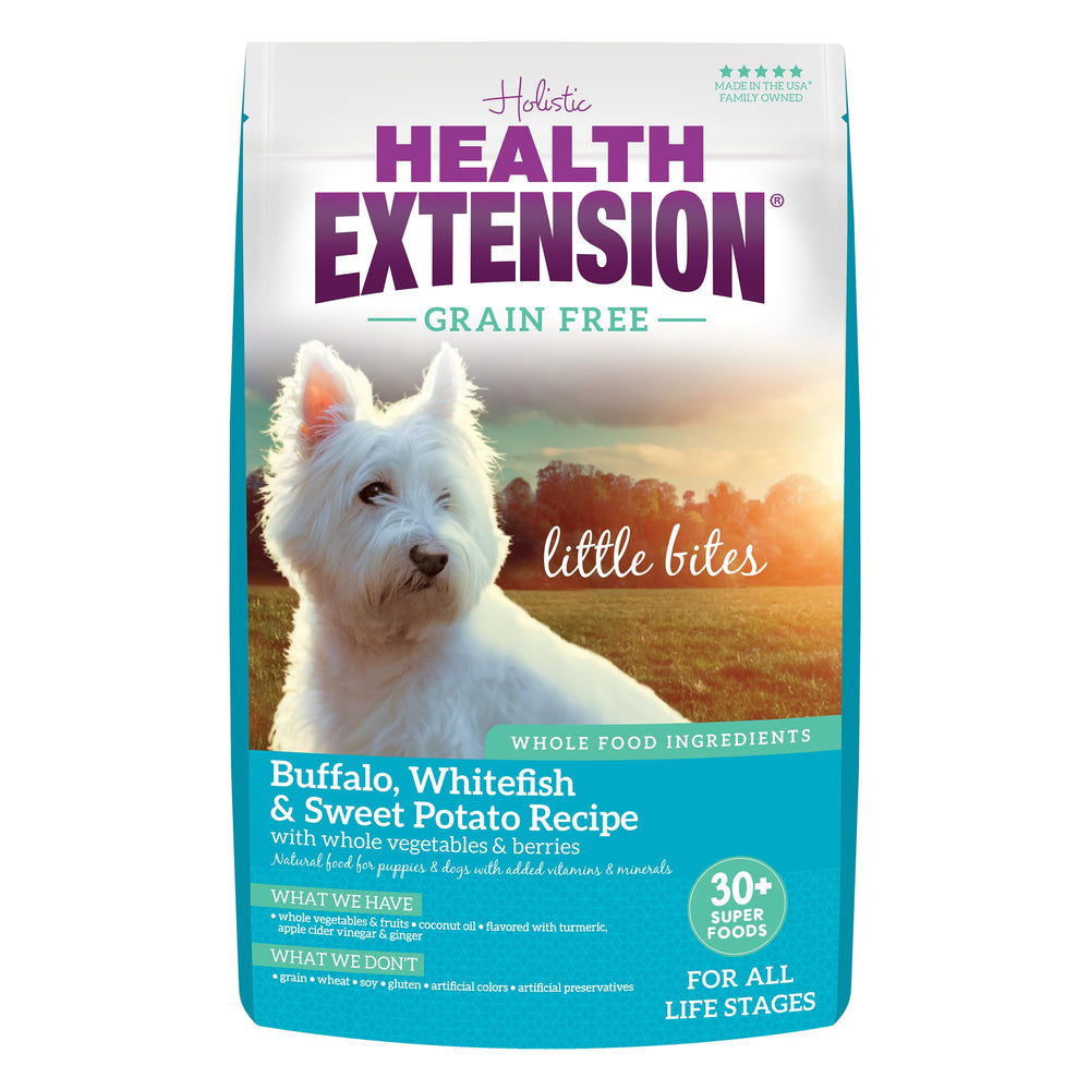 Health Extension Petites bouchées Buffalo & Whitefish; croquettes miniatures pour petites races et chiots.