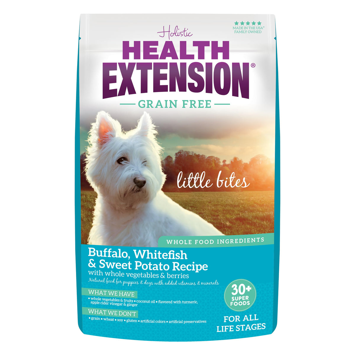 Health Extension Petites bouchées Buffalo & Whitefish; croquettes miniatures pour petites races et chiots.
