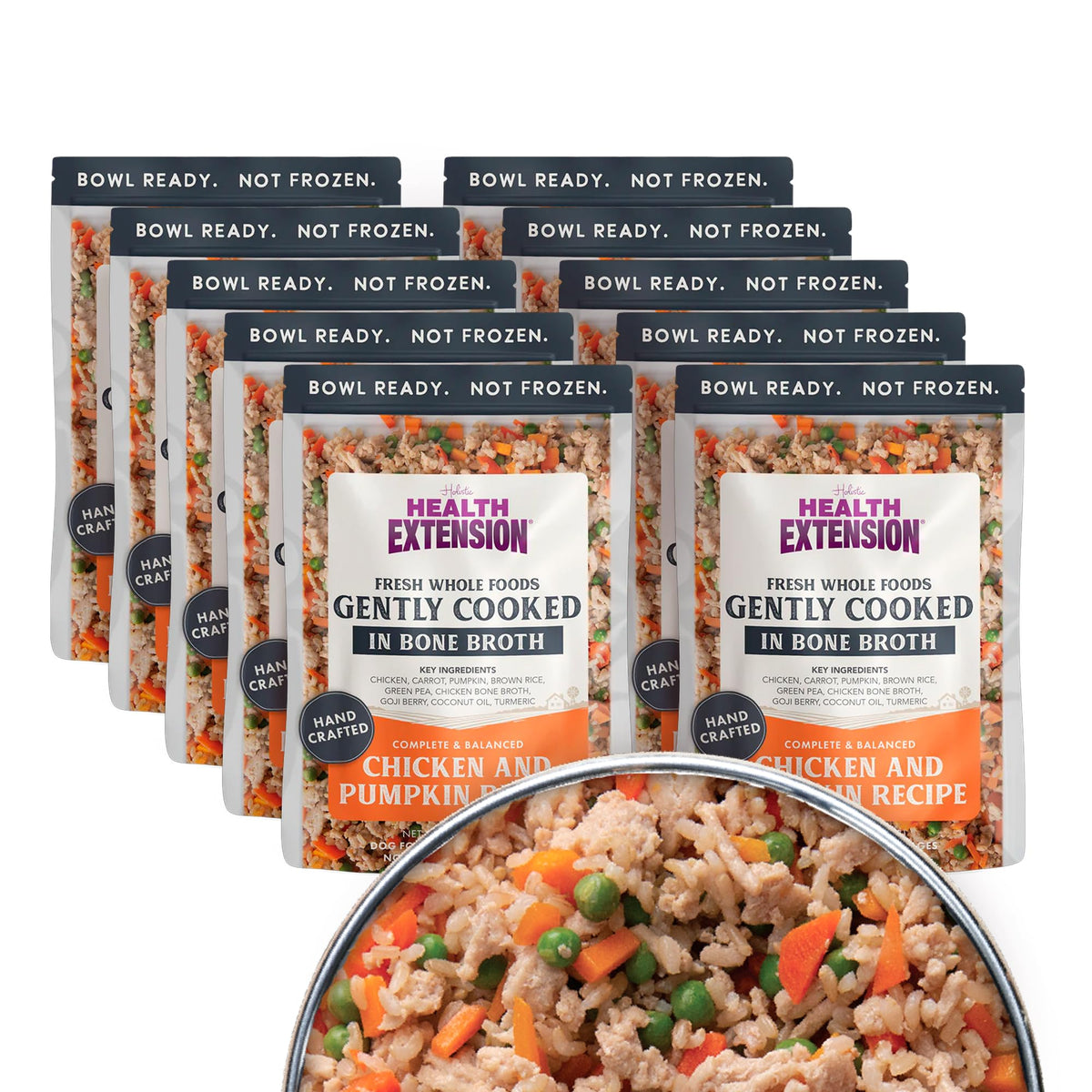 Health Extension poulet-citrouille en sachet prêt à servir sans réfrigération.