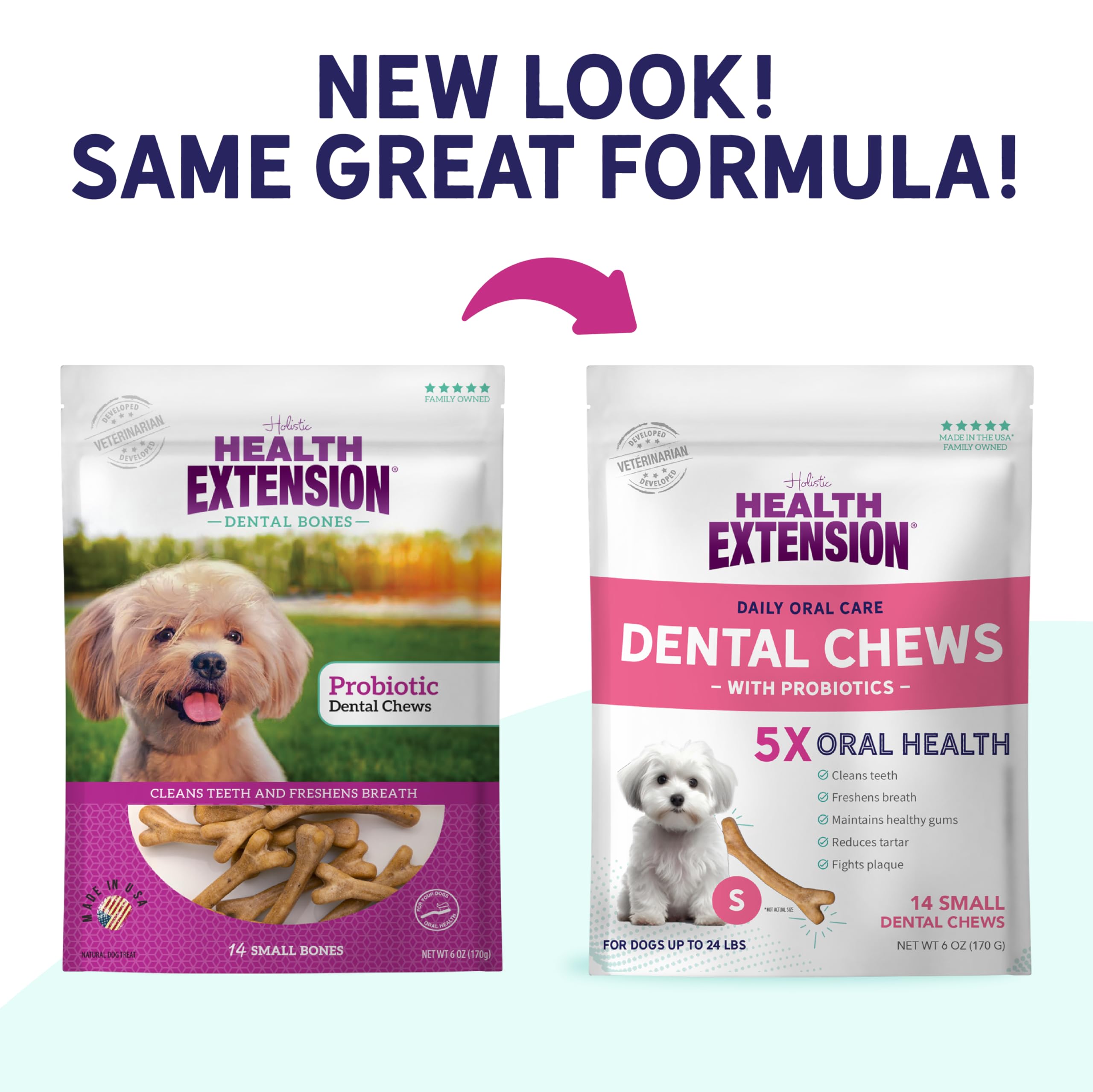 Health Extension Probiotic Dental Bones pour chiots, portion adaptée.