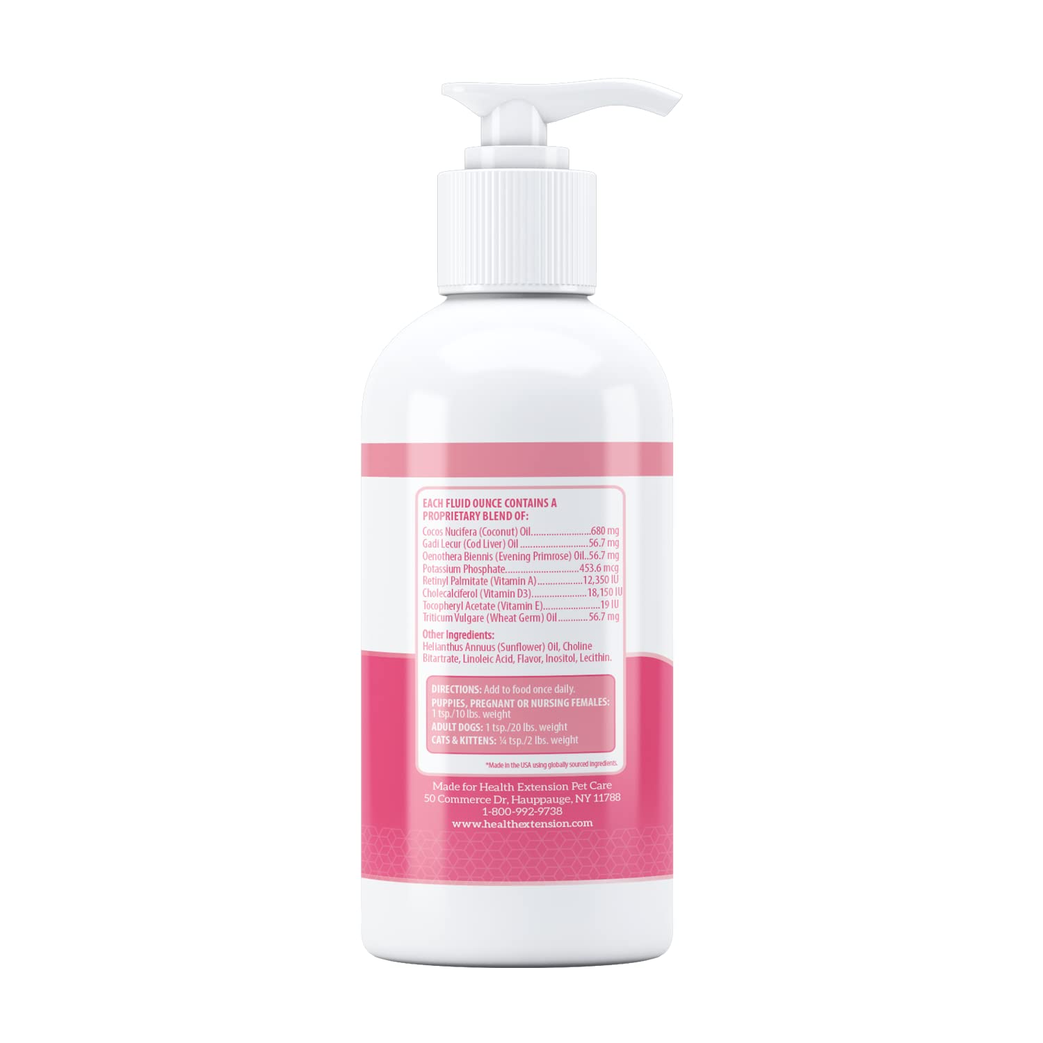 Health Extension Skin et Coat: doseur-pompe facilitant l'administration quotidienne.