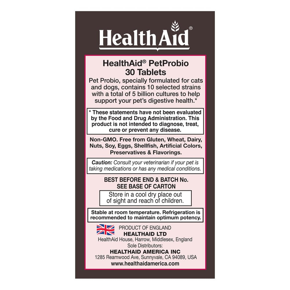 HealthAid PetProbio caplets: capsules faciles à donner pour le soutien digestif quotidien.