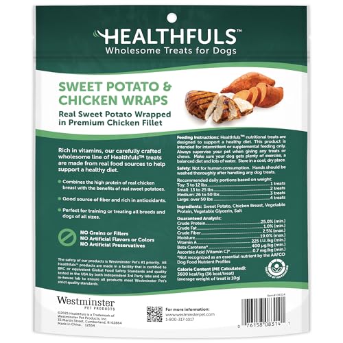 Healthfuls bouchée poulet patate douce enrobée, source de protéines maigres pour chien.