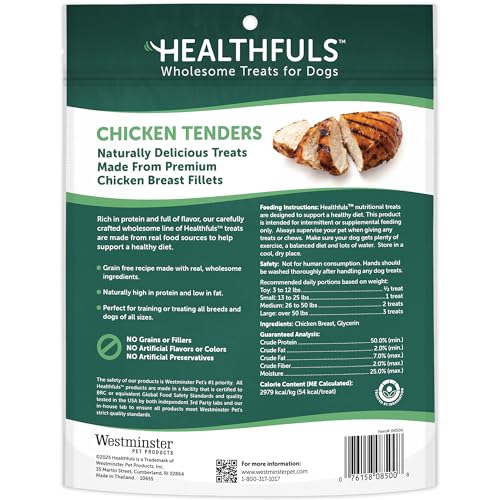 Texture moelleuse Healthfuls Chicken Tenders, facile à mâcher pour les chiens.
