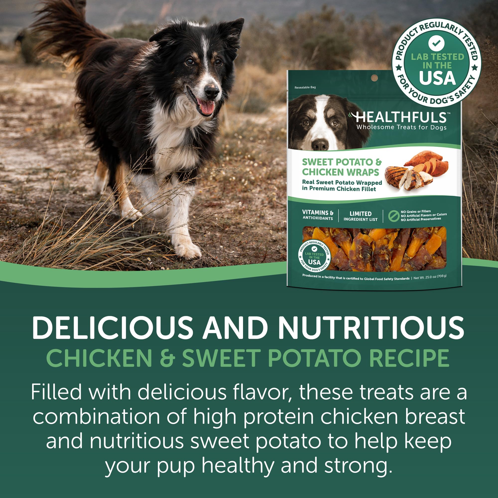 Healthfuls friandise chien poulet patate douce, texture naturelle et appétissante.