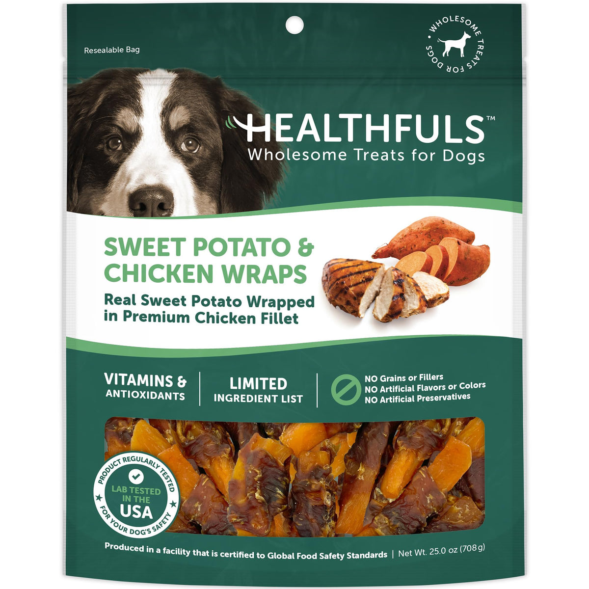 Healthfuls friandise poulet enroulé patate douce, récompense savoureuse pour chien.
