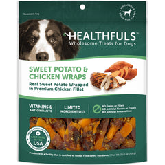 Healthfuls friandise poulet enroulé patate douce, récompense savoureuse pour chien.