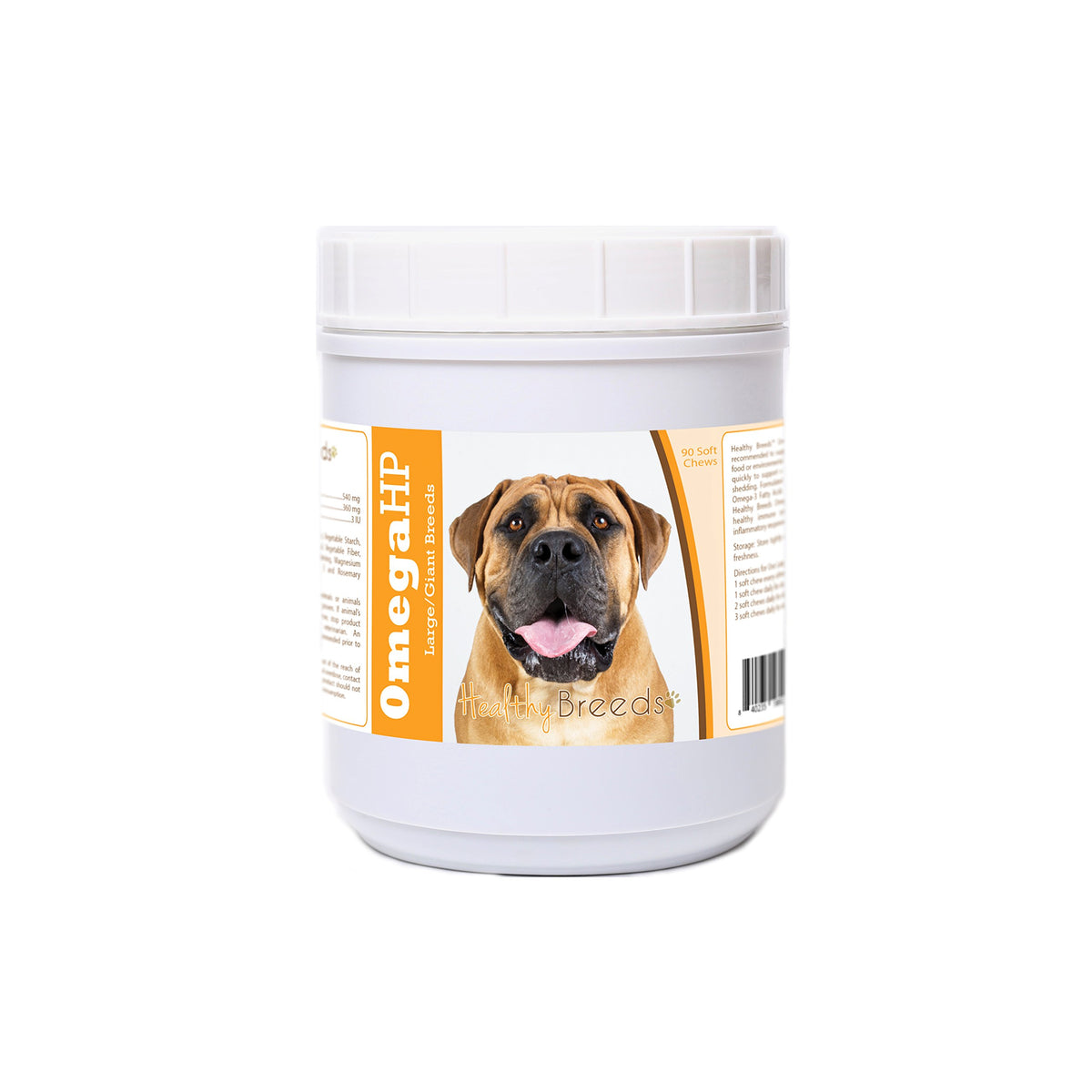 Healthy Breeds Boerboel Omega HP, bouchées molles en bouteille, pelage sain et brillant.