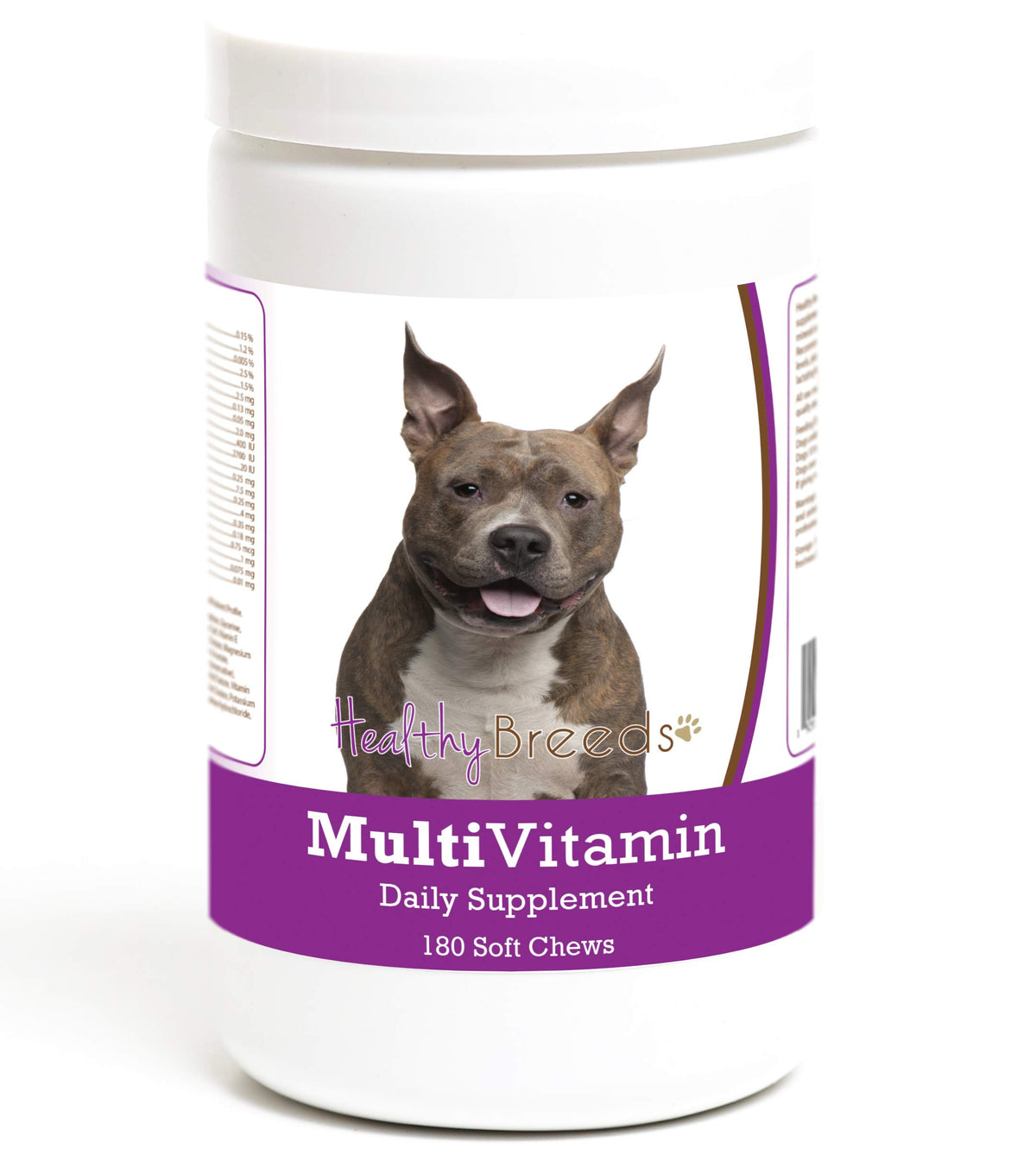 Healthy Breeds friandise molle multivitaminée en bouteille, dose quotidienne pratique.