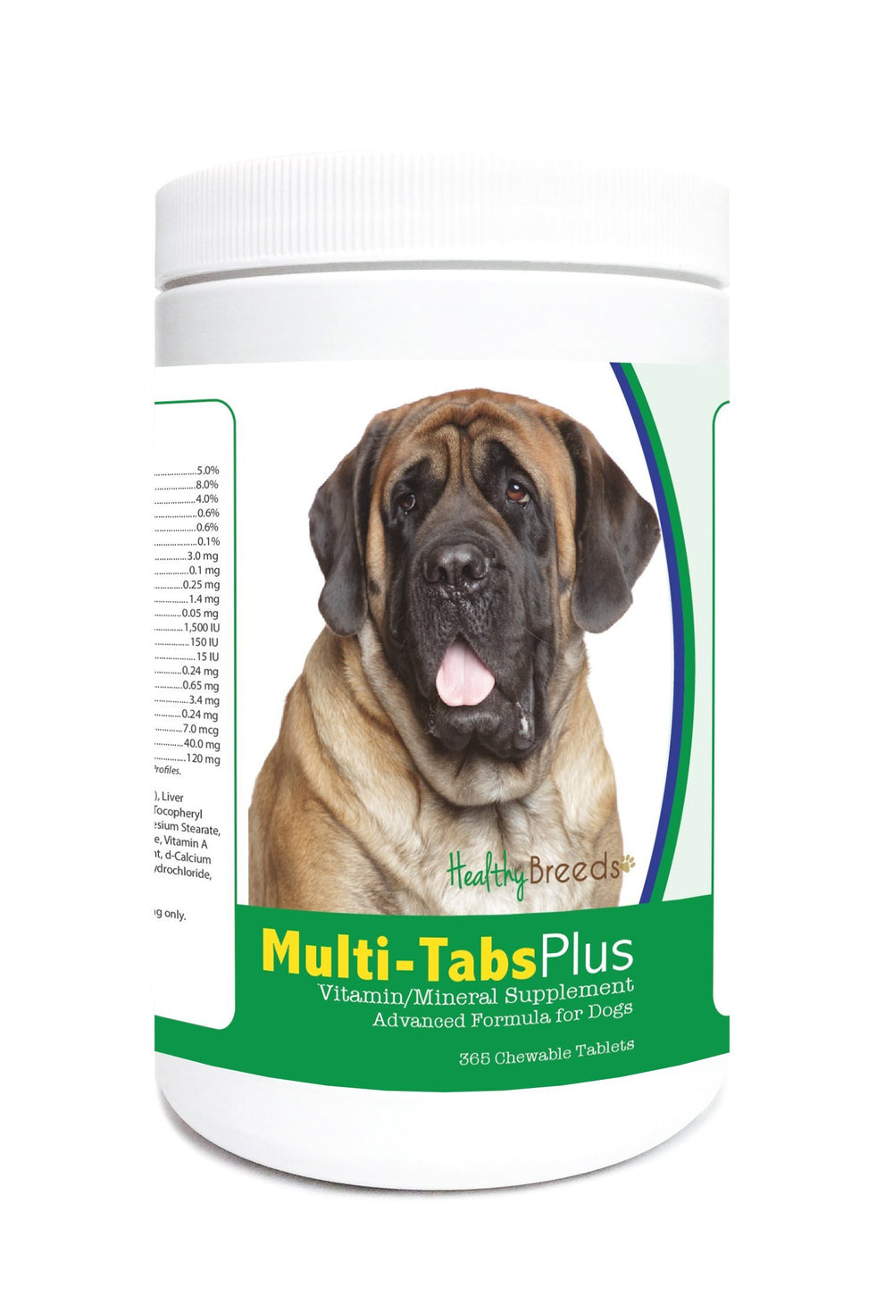Healthy Breeds Mastiff Multi-Tabs, comprimés saveur foie, soutiennent énergie et pelage sain.